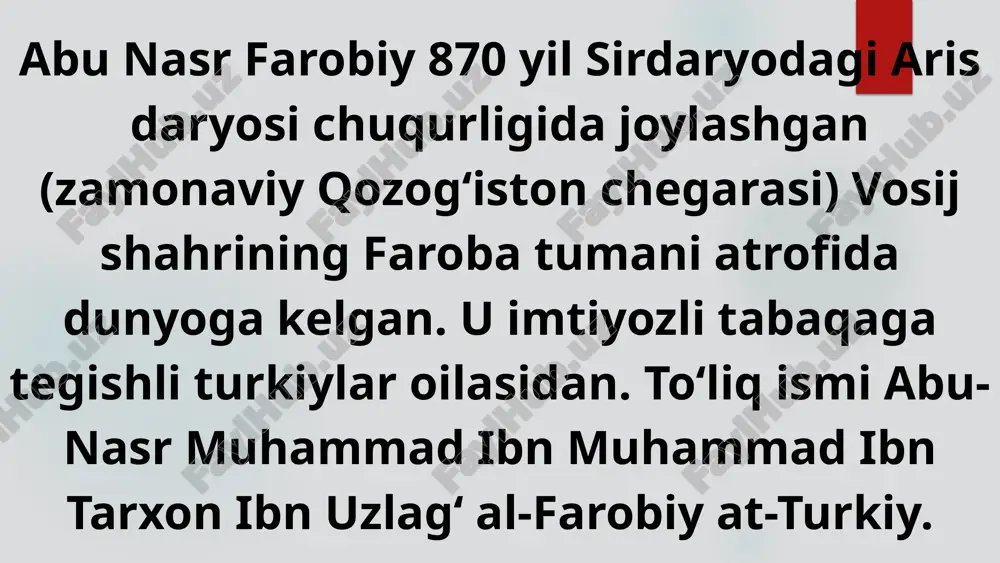 qur ilmiy tahlillar bergan. musiqa inson ruhiyatiga bevosita ta’sir qiluvchi vosita sifatida talqin qilingan. 4. matematika u matematikani barcha tabiiy fanlarning poydevori sifatida baholagan. arifmetika, geometriya, astronomiya sohalarida ishlari bo‘lgan. forobiy uchun matematika — tafakkur vositasi bo‘lib, u orqali murakkab tushunchalarni tahlil qilish mumkin 5. fizika va tabiiy fanlar forobiy fizik hodisalarni nazariy asosda tushuntirishga harakat qilgan. masalan, tovush qanday tarqaladi, nurlar qanday yo‘naladi, jismlar qanday harakat qiladi — bu kabi savollarga falsafiy va mantiqiy javoblar bergan. u aristotelning fizikasini o‘zlashtirib, uni o‘z fikrlari bilan boyitgan. 6. siyosatshunoslik uning siyosiy qarashlari “fozil shahar” asarida to‘liq ifodalangan. forobiy ideal davlat boshqaruvi aql, bilim va axloq asosida bo‘lishi kerakligini ta’kidlagan. jamiyatda har bir kishi o‘z vazifasini bilsa va ado etsa, adolat qaror topadi, deb hisoblagan. 7. tibbiyot va psixologiya forobiy inson salomatligi haqida ilmiy va falsafiy mulohazalar bildirgan. u sog‘liqni nafaqat jismoniy, balki ruhiy holat bilan bog‘lagan. ruhiy muvozanat, axloqiy poklik va …