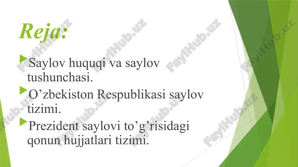 anadi. teng saylov huquqida oʻzbekiston respublikasi fuqarolarining jinsi, irqiy va milliy mansubligi, tili, dinga munosabati, ijtimoiy kelib chiqishi, eʼtiqodi, shaxsiy va ijtimoiy mavqei, maʼlumoti, mashgʻulotining turi va xususiyatidan qatʼi nazar, teng ovoz berishda ishtirok etishi tushuniladi. toʻgʻridan toʻgʻri s.hda oʻzbekiston respublikasi fuqarolarining saylovda shaxsan oʻzi ishtirok etib, biron bir shaxsning koʻrsatmasisiz oʻz xohish irodasini ifoda etib ovoz berishi taʼminlanadi. yashirin ovoz berish saylov huquqida oʻzbekiston respublikasi fuqarolarining saylovda ovoz berayotganda boshqa biron bir shaxsning ishtirokisiz oʻz xohishini yashirin bildirish imkoniyati taʼminlanishi tushuniladi. oʻzbekiston fuqarolarining passiv saylov huquqi quyidagicha belgilangan: fuqarolar xalq deputatlari mahalliy kengashi deputatligiga saylanish uchun 21 yoshga, oliy majlis qonunchilik palatasi deputatligiga va senatga saylanish uchun 25 yoshga, respublika prezidentligiga saylanish uchun esa 35 yoshga yetgan boʻlishi kerak. prezident boʻlib saylanish uchun nomzod saylovgacha kamida 10 yil oʻzbekiston hududida muqim yashagan boʻlishi va davlat tilini yaxshi bilishi, oliy majlisning quyi va yuqori palatalariga deputatlikka saylanish uchun kamida soʻnggi …