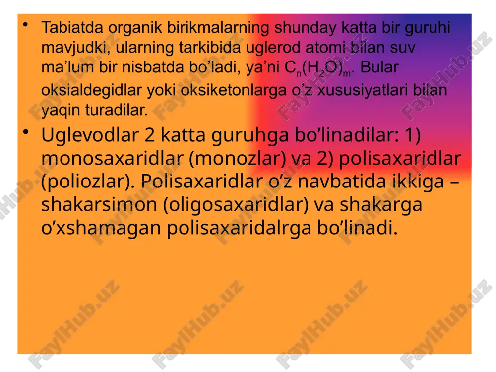 ga kirishmaydilar. masalan, glyukoza va fruktoza nahso3, fuksinsulfit kislota bilan reaksiyaga kirishmaydi. glyukoza va fruktozadagi 5 ta –oh guruhi bir xil xususiyatga ega bo’lishi kerak edi. lekin ulardagi bitta –oh guruhi qolgan 4 tasidan farq qiladi. glyukozaga ch3j va ag2o ta’sir ettirilganda pentametilglyukoza hosil bo’lsa, ch3oh va hcl ta’sir ettirilganda monometilglyukoza hosil bo’ladi. glyukoza va fruktoza alkillanganda ulardagi aldegid va ketonlarga xos xususiyatlar yo’qoladi. yuqorida keltirilgan fikrlarga asoslanib glyukoza va fruktoza molekulalarini yarim atsetallar ko’rinishida yozish mumkin bo’ladi: yarimatsetallar -, -, - va -holatlardagi gidroksil guruhi hisobiga hosil bo’lishlari mumkin. -holatdagi gidroksillar hisobiga hosil bo’lgan yarimatsetallar barqaror bo’ladi. karbonil guruhidagi kislorod va 5-uglerod atomidagi gidroksil vodorodi hisobiga hosil bo’lgan gidroksil guruhi glyukozid gidroksili deyiladi. agar glyukozaning ochiq zanjirli tuzilishida 4 ta simmetirk uglerod atomi bo’lib, u 16 ta optik izomer hosil qila olsa, yarimatsetal shaklida 5 ta asimmetrik uglerod atomi bo’lib, u 32 ta optik izomer hosil qila oladi. -d-gyukopiranoza …