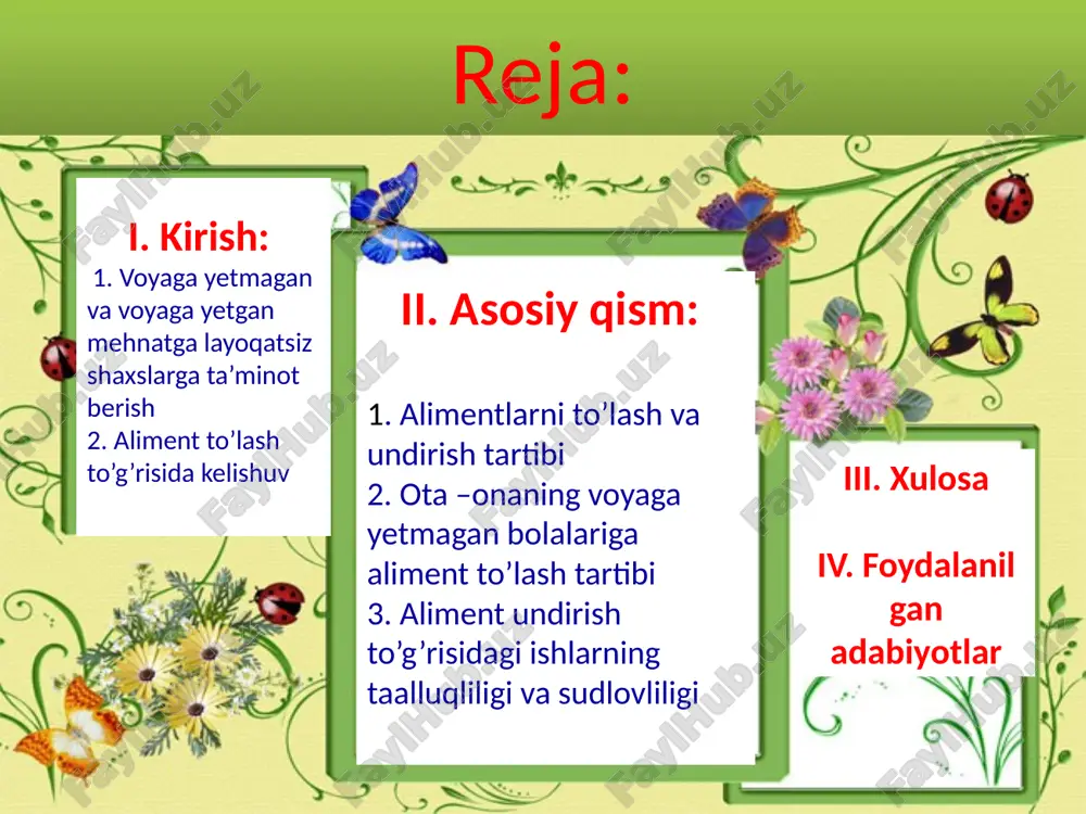 ishga haqlidir. 08.11.2025 6 1 aliment to'lovchi ishlayotgan korxona, muassasa va tashkilotga; 2. notariusga 3 fuqarolik ishlari bo'yicha sudga. aliment undirish to'g'risidagi ishlarning taalluqliligi asosan quyidagi organlarga tegishli bo'ladi: aliment undirish to'g'risidagi da'volar bo'yicha alternativ sudlovlilikni mavjudligi aliment undiruvchi, ya'ni da'vogar uchun muhim protsessual kafolatlardan biri hisoblanadi. aliment undirish huquqini amalga oshirishini engillashtiradi. jumladan, bu faqat voyaga etmagan bolalar ta'minoti uchun bo'lmasdan, balki voyaga etgan mehnatga layoqatsiz shaxslarga ham qo'llaniladi. aliment undirish to'g'risidagi ishlarning muhim xususiyatlari­dan biri bu sudlovlilik to'g'risidagi qoidalardir. aliment undi­rish to'g'risidagi ishlar boshqa oilaviy nizolardan kelib chiqadigan ishlardan farqli ravishda o'zbekiston respublikasi fpkning 241-moddasiga ko'ra, aliment undirish to'g'risidagi da'volar bilan da'vogar yashab turgan joyidagi sudga murojaat qilinishi mumkin. ya'ni da'vogarning tanlashi bo'yicha sudlovga taalluqlilik to'g'risidagi qoidalar qo'llaniladi. alimentlar - (lotincha alimentum - «ozik-ovqat», nafaka», «ta'minot», «bokish uchun mablag'lar» - degan ma'nolarni anglatadi) bir shaxsning ikkinchi shaxsga majburan to'laydigan moddiy narsasi. aliment majburiyatlari oila a'zolari o'rtasida sodir bo'ladi. …