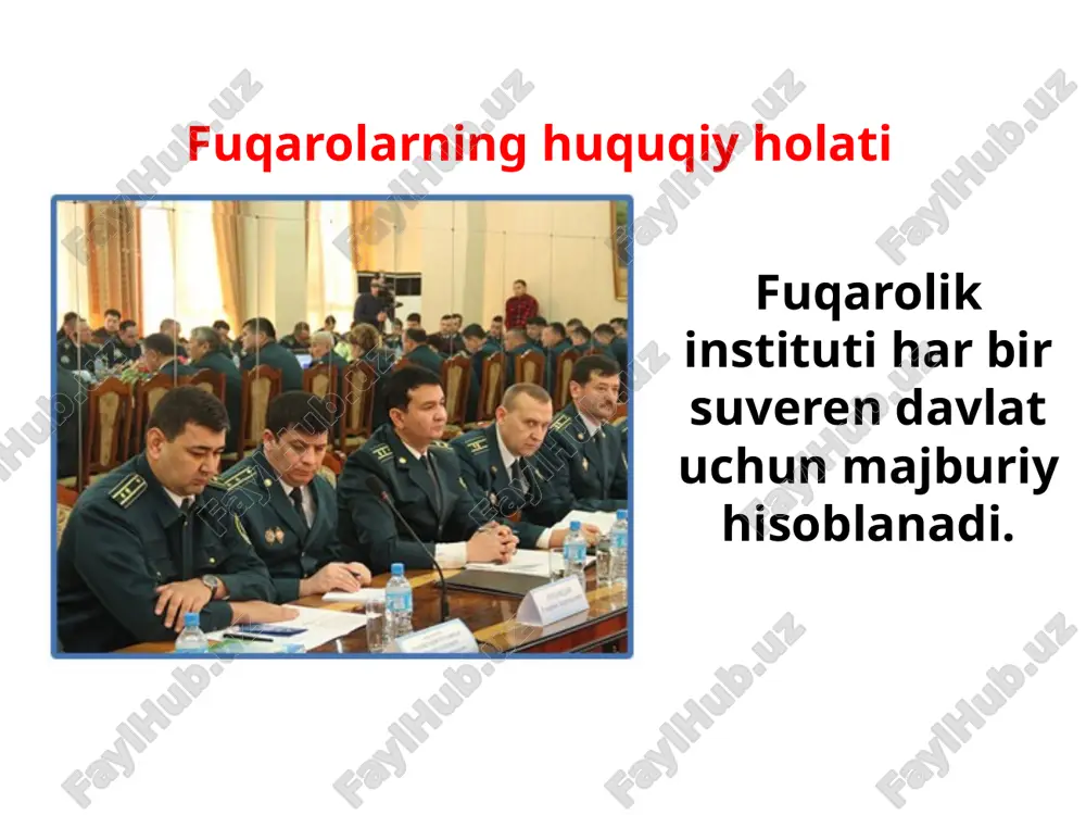 kiston fuqarolari bo‘lishsa, u o‘z-o‘zidan uning fuqaroligini oladi. ota-onasi apatrid bo‘lib, ular doimo o‘zbekiston hududida yashashsa ham, bola o‘zbekiston fuqaroligini oladi. agar ota-onasidan biri o‘zbekiston fuqarosi bo‘lmasa ham, bola o‘zbekiston fuqaroligini olishga haqli. o‘zbekiston respublikasi fuqaroligining to‘xtatilishi o‘zbekiston fuqaroligining to‘xtatilishiga quyidagilar asos bo‘ladi: - fuqarolikning yo‘qotilishi oqibatida; - o‘zbekiston xalqaro shartnomalarida nazarda tutgan boshqa asoslarga ko‘ra. fuqarolikdan chiqishni taqiqlash iltimosnoma bilan murojaat qilgan shaxs jinoiy javobgarlikka tortilgan yoki unga nisbatan ijro etiladigan sud hukmi kuchga kirgan hollarda fuqarolikdan chiqishga yo‘l qo‘yilmaydi. fuqarolikdan chiqishi o‘zbekiston davlat xavfsizligi manfaatlariga zid bo‘lgan taqdirda ham bunday iltimosnoma rad etiladi. image1.jpeg image2.jpeg image3.jpeg image4.jpeg image5.png image6.jpeg image7.jpeg image8.jpeg image9.jpeg image10.jpeg image11.jpeg image12.jpeg image13.jpeg /docprops/thumbnail.jpeg