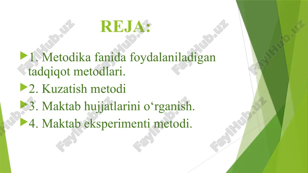 o‘lak (qism)larga ajratish yoki ularni birlashtirish tajriba metodi deyiladi. misol. o‘quvchilarga natural sonlarni tub ko‘paytuvchilarga ajratish o‘rgatiladi: 1=1 2=2*1 3=3*1… o‘quvchilarda ixtiyoriy natural sonlarni misolda ko‘rsatilganidek, tub ko‘paytuvchilarga ajratish jarayonida tajriba hosil bo‘lib, ular natural sonlar to‘plamida tub va murakkab sonlar mavjud ekanligini tushunib yetadilar. 36 murakkab natural sonlarni ham tub ko‘paytuvchilarga ajralishini, ammo ularning ko‘paytuvchilari kamida uchta va undan ortiq bo‘lishini tajriba orqali tekshirib ko‘radilar. masalan: 4=2*2*1 6=3*2*1 25=5*5*1 eksperiment- bu ham kuzatish bo‘lib, maxsus tashkil qilingan, tadqiqotchi tomonidan nazorat qilib turiladigan va tizimli ravishda o‘zgartirib turiladigan sharoitda o‘tkaziladi. pedagogik ekspriment o‘qitishning va tarbiyalashning u yoki bu usulining, ko‘rsatma-qo‘llanmalarning effektivligini tadbiq qilishda qo‘llaniladi. pedagogik tadqiqotlarning keng tarqalgangan metodlardan biri: o‘quvchilar ishlari va hujjatlarni o‘rganishdan iborat. o‘quvchilarning ishlari ularning dasturning ayrim bo‘limlari bo‘yicha tayyorgarlik darajasini aniqlash, o‘qitishning ma’lum davri davomida o‘sishi va rivojlanishlarini kuzatish imkonini beradi. masalan, maxsus yozma va grafik ishlar shu maqsadda o‘tkaziladiki, bularni tekshirish natijasida olgan bilimlari …