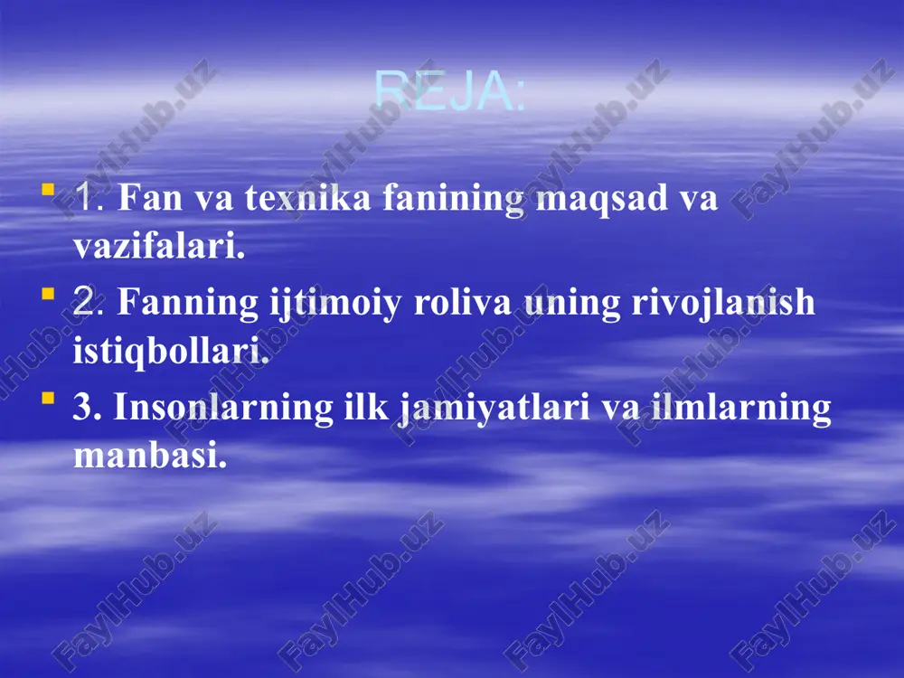 dashuvlarni ishlab chiqish. 4. zamonaviy kontekstda fan va texnika fanining o‘rni bugungi kunda sun’iy intellekt, robototexnika, axborot texnologiyalari, biotexnologiyalar kabi sohalarda yirik yutuqlar qayd etilmoqda. bunday sharoitda fan va texnika fanining ahamiyati yanada oshadi, chunki: u o‘tmish yutuqlarini o‘rganib, zamonaviy muammolarga yechim topishga yordam beradi. texnik tafakkurning izchil rivojlanishini tushunishga xizmat qiladi. innovatsion va kreativ fikrlashni rivojlantirishga asos bo‘ladi. fanning ijtimoiy roli fan insoniyat taraqqiyotining muhim poydevoridir. u tabiat va jamiyat qonuniyatlarini ochib berib, inson hayotini yengillashtiruvchi, rivojlantiruvchi vosita bo‘lib xizmat qiladi. fanning ijtimoiy roli jamiyatdagi ilmiy bilimlarning ta’siri, ulardan foydalanish darajasi va insoniyat hayotiga kiritgan o‘zgarishlari orqali namoyon bo‘ladi. fan – bu ijtimoiy institut bo‘lib, u jamiyatning intellektual salohiyatini belgilaydi. uning ijtimoiy roli quyidagi asosiy yo‘nalishlarda ko‘rinadi: a) bilim manbai sifatida fan tabiat, jamiyat va tafakkur haqidagi bilimlarni tizimlashtiradi. haqiqatni izlash orqali inson tafakkurini chuqurlashtiradi. b) texnologik taraqqiyotni ta’minlovchi vosita sifatida fan natijalari asosida texnika, ishlab chiqarish, transport, aloqa, …