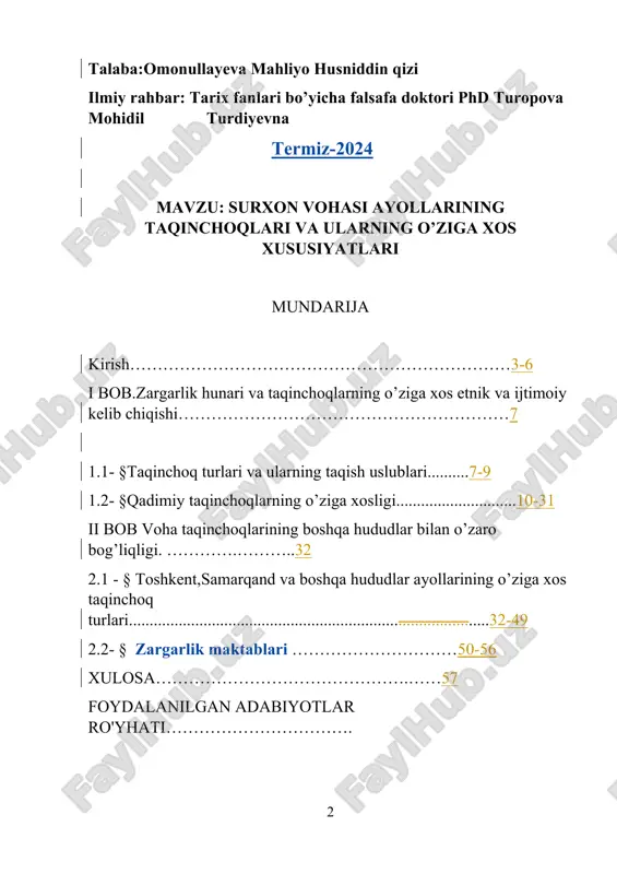 i vazirlar mahkamasining “o'zbekistonning yangi tarixi”ni tayѐrlash va nashr etish to'g'risidagi qarori. t.: 1996 y. 16 dekabr // xalq so'zi. 1996, 17 dekabr.] mustaqillik yillarida o’zbekiston olimlarining samarali tadqiqotlari natijasida milliy tariximizning ilgari noma’lum bo’lgan sahifalari ochildi, tarixiy o’tmishimizning ko’p jihatlari kashf etildi. o’zbekiston respublikasi prezidenti shavkat miromonovich mirziyoyevning “xalqaro zardo‘zlik va zargarlik festivalini o‘tkazish to‘g‘risida” 2021 yil 29 apreldagi pq-5098-son qaroriga muvofiq, 2022 yildan boshlab har ikki yilda may oyida buxoro shahrida xalqaro zardo‘zlik va zargarlik festivali o‘tkaziladi. tadbir xalq amaliy san'atining zardo‘zlik va zargarlik an'analarini rivojlantirish, ularning noyob namunalarini targ‘ib etish hamda mintaqaning turizm salohiyatini oshirishga yo‘naltirilgan. festival doirasida ilmiy-amaliy konferensiya, ko‘rik-tanlov, taqdimot va ko‘rgazmalar, teatrlashtirilgan konsert-tomosha dasturlari, madaniy- ma'rifiy, shuningdek, targ‘ibot-tashviqot tadbirlari o‘tkaziladi[footnoteref:3]. [3: https://kun.uz/news/2021/10/12/xalqaro-zargarlik-festivalining-asosiy-tashkilotchilari-belgilandi] festivalning asosiy vazifalari: · iste'dodli hunarmandlarni aniqlash, ularni ma'naviy hamda moddiy rag‘batlantirish; · hududlarda zardo‘zlik va zargarlikni jadal rivojlantirish, ilg‘or tajribalarni ommalashtirish, yoshlarga o‘rgatish, yangi ish o‘rinlari yaratish; · zardo‘zlik va zargarlik …
