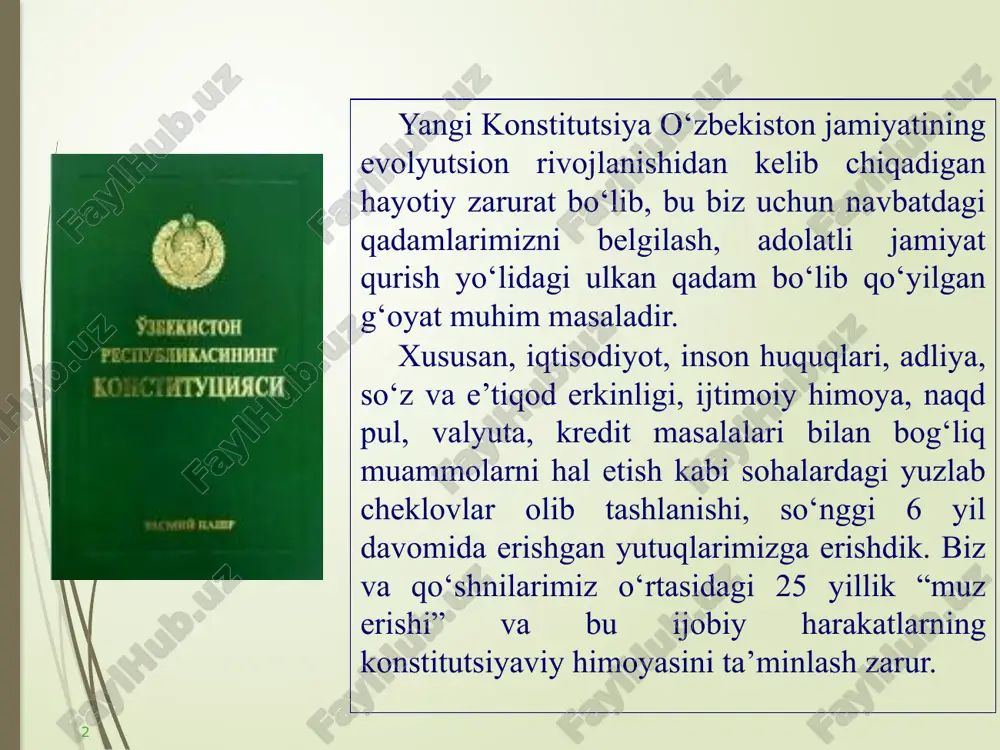 i. 4 hozirda xalqaro huquqiy hujjatlar va 190 dan ortiq davlat tajribasi o‘rganildi, loyiha 6 turdagi ekspertizadan o‘tkazildi. bularning barchasi yangilangan konstitutsiyada jamiyatning barcha qatlamlari manfaatlari inobatga olinganidan, butun jamiyat yangi o‘zbekistonni barpo etish g‘oyasi atrofida birlashganidan, uning tom ma’noda xalq konstitutsiyasiga aylanib borayotganidan dalolat beradi. 5 konstitutsiyamizdagi moddalar soni 128 tadan 155 taga, normalari soni esa 275 tadan 434 taga ko‘paydi. ya’ni, asosiy qonunimiz matni qariyb 65 foizga ko‘payib, xalqimiz takliflari asosida yangilandi. 6 konstitutsiyada o‘zbekiston suveren, demokratik, huquqiy va ijtimoiy davlat ekanligi belgilab qo‘yilgan. kuchli ijtimoiy himoya va aholining ijtimoiy himoyaga muhtoj qatlamiga g‘amxo‘rlik ko‘rsatish davlat siyosatining muhim yo‘nalishi bo‘lib qoladi. tariximizda birinchi marta o‘zbekiston ijtimoiy davlat sifatida belgilandi. bu insonga e’tibor va g‘amxo‘rlik davlat va jamiyatning eng muhim burchi ekani tasdiqlandi. konstitutsiyada davlat qashshoqlikni kamaytirish, aholi bandligini ta’minlash va ishsizlikdan himoya qilish bo‘yicha qator yangi majburiyatlarni olishi belgilab qo‘yilgan. umuman olganda, konstitutsiyaning davlatning ijtimoiy sohadagi majburiyatlariga oid …