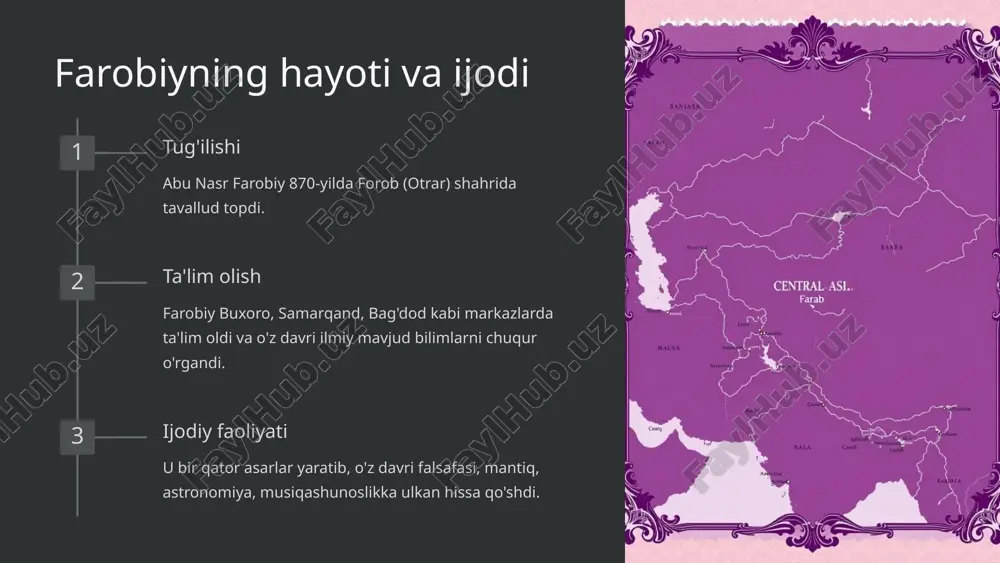 ritgan asosiy allomalardan biri. yangi qarashlar mantiq sohasida o'zining yangicha qarashlarini ilgari surgan. rivojlantirish mantiq fani rivojida muhim hissa qo'shgan. 6 farobiyning matematika faniga qo'shgan hissasi 1 matematik asarlar farobiy "arifmetika haqida katta kitob" va boshqa matematik asarlar yaratdi. 2 yangi yondashuvlar u matematik fandagi yangi yondashuvlari bilan mashhur edi. 3 matematik maktab farobiy shogirdlari orqali matematik maktab tashkil etdi. 7 farobiyning astronomiya fani rivojidagi hissasi astronomik asarlar farobiy yirik astronomik asarlar yaratdi. yangi kashfiyotlar u astronomiyadagi yangi kashfiyotlar va nazariyalar bilan tanilgan. taqvim ishlari shuningdek, taqvim ishlari bilan ham shug'ullangan. 8 farobiyning "inson baxti" asari insonning maqsadi ushbu asarda farobiy insonning oliy maqsadi haqida fikr bildiradi. baxt-saodat u insonning baxtga erishish yo'llarini atroflicha tahlil qiladi. falsafiy qarashlari ushbu asar farobiyning yetuk falsafiy qarashlari mujassam. 9 xulosa va umumiy baholash umummadaniy xizmatlari farobiy o'z davri va keyingi asrlardagi ilm-fan rivojiga ulkan hissa qo'shgan ulug' alloma. e'tirof u jahon sivilizatsiyasida faylasuf, …