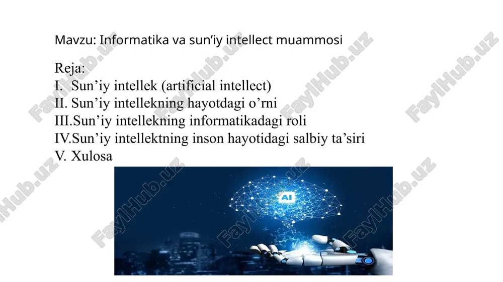 ommaviy qiziqish 2012-yilda chuqur oʻrganuv boshqa sunʼiy intellekt metodlaridan ustunligini namoyon etganda hamda 2017-yilda transformer arxitekturasida erishilgan yutuqlar ortidan keskin ortgan. 2020-yillar boshlarida mazkur soha gurkirab rivojlanib, koʻplab shirkatlar, universitetlar va laboratoriyalar sunʼiy intellekt sohasida sezilarli yutuqlarga erishib kelishmoqda sun’iy intellektning inson hayotidagi o’rni. sun’iy intellekt (si) inson hayotida tobora ko’proq o’rin egallab bormoqda va u ko’plab sohalarda inqilobiy o’zgarishlarga sabab bo’lmoqda. uning inson hayotidagi o’rni quyidagi sohalarda ayniqsa yaqqol ko’rinadi: tibbiyot, ta’lim, avtomobil sanoati, eko-sistema va atrof muhitni himoya qilish, xavfsizlik va jinoyatchilikning oldini olish, kundalik hayotda qo’llanishi va shu o’rinda informatikada ham. sun’iy intellekt tibbiyotda yuqori aniqlikdagi diagnostik vositalar yaratishda, bemorlarni monitoring qilishda, kasalliklarni prognozlashda yordam beradi. misol uchun, si asosida ishlovchi tizimlar tibbiy tasvirlarni (masalan, rentgen, mr, kt) tahlil qilib, turli kasalliklarni erta bosqichda aniqlashga yordam beradi. shuningdek, sun’iy intellekt bemorlar uchun mos davolash rejalarini taklif qilishda ham qo’llaniladi. sun’iy intellekt ta’limda individual o’quv tajribalarini yaratishda qo’llaniladi. …