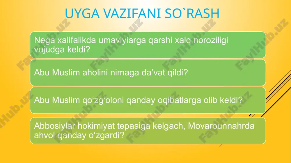 v o‘lkasida tashkil topdi. poytaxti suyob shahri bo‘lgan o‘g‘uzlar. turk xoqonligi hukmronligi davrida o‘g‘uzlar uning tarkibida bo‘lgan. turk xoqonligi yemirilgach, o‘g‘uzlarning kattagina qismi sirdaryo havzasi hamda orol dengizi bo‘yida muqim o‘rnashib olganlar. ular ix asr oxiri va x asr boshida o‘g‘uzlar davlatiga asos soladilar. sirdaryo quyi oqimi bo‘yidagi yangikent shahri o‘g‘uzlar davlatining poytaxti bo‘lgan. x asrdan boshlab o‘g‘uzlar islom dinini qabul qiladilar. x asrning birinchi choragida o`g`uzlar davlati shimoliy sharqdan qo`zg`algan qipchoqlar tamonidan qaqshatqich zarbaga uchrab bo`linib ketadilar.ular o‘z yurtini tark etib, bir qismi g‘arbga, shimoliy kavkaz dashtlariga borib o‘rnashadi. ularning ikkinchi qismi esa avval movarounnahrga kirib boradi va undan janubi g‘arbga siljib, yangi sulola – saljuqiylar boshchiligida old osiyo mamlakatlarini istilo qilishga kirishadi. tohiriylar davlati. viii asr oxiri – ix asr boshida xalifa likni larzaga keltirgan og‘ir siyosiy vaziyat abbosiylarni mova rounnahr va xurosonda olib borilayotgan siyosatni o‘zgar tirishga majbur etdi. mahalliy zodagonlar movarounnahr va xurosonni nafaqat o‘z tasarruflariga …