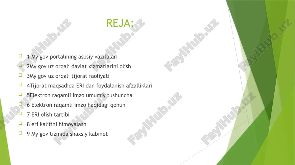 varlarning (ishlarning, xizmatlarning) tadbirkorlik faoliyati doirasida axborot tizimlaridan foydalangan holda elektron savdo maydonchasi orqali tuzilgan shartnomaga muvofiq amalga oshiriladigan oldi-sotdisidir elektron tijoratdagi elektron hujjatlar, shuningdek elektron shaklda qayd etilgan, yuboruvchisini identifikatsiya qilish imkoniyatini beradigan axborot o‘z qo‘li bilan imzolangan qog‘ozdagi hujjatlarga tenglashtiriladi va ulardan bitimlar tuzilganligining dalili sifatida foydalanilishi mumkin. elektron tijoratdagi shartnoma faqat axborot tizimlaridan foydalanilgan holda tuzilganligiga asoslanib haqiqiy emas deb topilishi mumkin emas. elektron tijorat ishtirokchisi quyidagi huquqlarga ega: elektron tijorat doirasidagi davlat xaridlari va korporativ xaridlarni tashkil etish hamda o‘tkazish o‘zbekiston respublikasi vazirlar mahkamasi tomonidan belgilangan tartibda amalga oshiriladi. elektron raqamli imzo — elektron hujjatdagi mazkur elektron hujjat axborotini elektron raqamli imzoning yopiq kalitidan foydalangan holda maxsus oʻzgartirish natijasida hosil qilingan hamda elektron raqamli imzoning ochiq kaliti yordamida elektron hujjatdagi axborotda xatolik yoʻqligini aniqlash va elektron raqamli imzo yopiq kalitining egasini identifikatsiya qilish imkoniyatini beradigan imzo. (qonun)qonunda talab etilgan shartlarga rioya etilgan taqdirda elektron raqamli imzo …