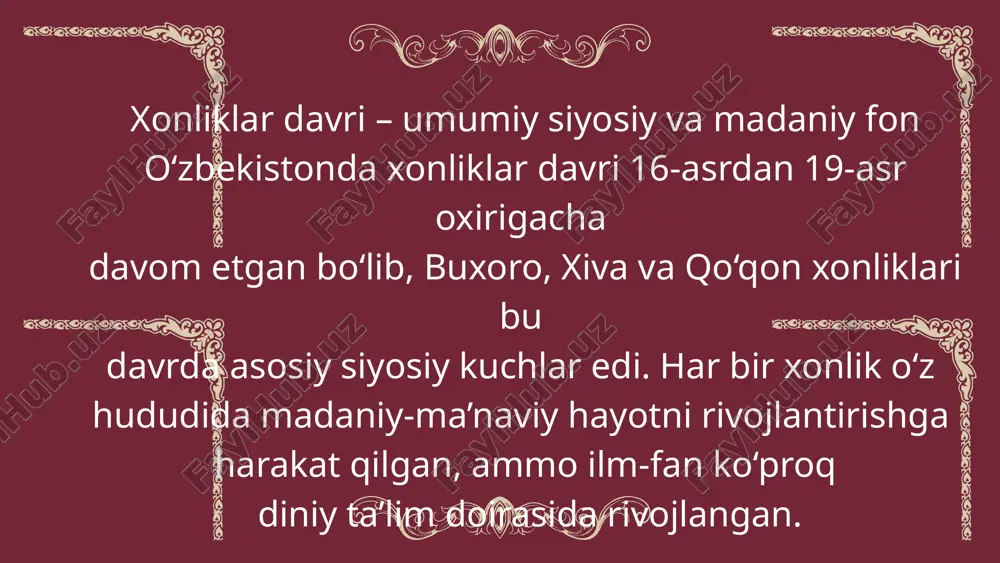 bu asarlar hozirgacha tarixchilar uchun qimmatli manba ahmad donish (ahmad makhdum donish) • faoliyat davri: 19-asr, buxoro xonligi. • yo‘nalishi: falsafa, siyosatshunoslik, islohotchilik. • asari: “navodir ul-vaqoe” – ijtimoiy va siyosiy tanqidiy qarashlar bilan mashhur. • hissasi: buxoroda islohot g‘oyalarini ilgari surgan , ilmiy tafakkurni yangilashga chaqirgan . o‘z davrida ilg‘or fikrlovchi sifatida tanilgan. gulxaniy (muhammad sharif gulxaniy) 18–19-asr, qo‘qon xonligi. shoir, ma’rifatparvar, nasrnavis. asari: “zarbulmasal” – hayvonlar timsolida ijtimoiy tanqid. xalq og‘zaki ijodi bilan yozma adabiyotni bog‘lagan. sodda va ravon tilda yozgan, ma’rifatga chorlagan. hofiz tanish buxoriy • 16-asr, shayboniylar davri, buxoro. • tarixchi, saroy muarrixi. • asari: “abdullanoma” – abdullaxon ii davrining tarixiy surati. • tarixiy voqealarni faktlar va badiiyat bilan yozgan. • shayboniylar tarixini yozgan asosiy manba muallifi. amaliy fanlar va ularning xalq hayotidagi roli a) dehqonchilik va sug‘orish texnikasi: yer haydash, sug‘orish tizimlari (ariq, sardoba, koriz)ni yaratishda ilmiy tajriba qo‘llanilgan. suv bilan ta’minlash uchun maxsus muhandislar …
