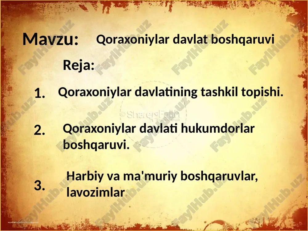 atlarning davlatchilik tajribasi va anʼanalariga asoslangan. qoraxoniylar davlati dastlab tashkil topgan vaqtda maʼmuriy-boshqaruv tizimi, qabilalarning oʻzaro ittifoqi negiziga asoslangan edi. bunda davlat boshligʻi „yabgʻu“ deb nomlangan. oʻlkadagi barcha qabilalar yabgʻuga boʻysungan, ayni vaqtda yabgʻu oʻzi hukmronlik qilayotgan hududdagi barcha qabilalarni tashqi hujumlardan himoya qilgan. joylarda har bir qabilani oʻz sardorlari boshqargan. qabila sardorlari ayni vaqtda, shu qabilani harbiy sarkardasi boʻlib, xoqon noibi hisoblangan. harbiy hara-katlar vaqtida ular yabgʻuning buyrugʻiga binoan oʻz harbiy boʻlinmalari bilan urushda qatnashishgan. 10-asrning oʻrtalariga kelib, qoraxoniylar davlati oʻz tarkibiga qoʻshni qabilalarni ham qoʻshib olib, hududiy jihatdan kengayib, katta siyosiy kuchga aylangach, ularning davlat boshqaruvida ham maʼlum islohotlar yuz berdi. davlat tepasida odatda „qoraxon“ unvoni bilan ulugʻlangan „buyuk xon“ oʻtirgan. xonlik taxtiga ogʻa-inichilik udumi asosida sulolaning eng yoshi ulugʻ kishisi oʻtirgan. xonlar „qoraxon“ unvoni bilan birga tavgʻachxon, arslonxon, bugʻroxon kabi faxriy unvonlar bilan ham ulugʻlangan. qoraxoniylar davlat boshqaruvi yuqoridan quyiga qarab shakllantirilgan boʻlib, davlat viloyatlarga boʻlib idora …