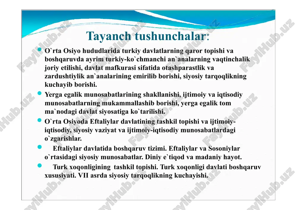 ylar qandahorni va toxoristonni ishg'ol qilib, 412-437 yillarda eronga qarshi kurash olib borgan. eron bilan bo'lgan jangda kidariylar engilgan. kidar vafotidan keyin o'g'li kunxis (“skunxa”) rahbarligida kidariylar hindiqush orqali qandahorga(peshavorga) o'tib ketgan (456 yil) hindistondagi gupta davlatini o'ziga bo'ysundirib, bu erda 75 yil xukm surgan. prokopiy kesareyskiy xitoy salnomalar ida bey- shi(vi asr) eftaliylarning etnik ta rkibi, davlati to’g’risida rim va vizantiya tarixchilaridan marselin (iv asr) feafan vizantiyskiy (vi asr) arman tarixchisi lazar parbskiy (v asr) favst buzand (iv asr) eftaliylar turli manbalarda turlicha nomlangan: xitoy manbalarida “i-da”, “ye-da” armanlarda “idal”, “xeptal” arablarda “haytal” suriya va lotin manbalarida “eptalit”, “eftalat”, “abdal” eftaliylar ko’p o’tmay o’z yerlarini kengaytirishda davom etadi: qobul panjob vodiysi kuchu qoshg’ar xo’ton (sharqiy turkiston) eftaliylar hukmdori vahshunvor eftalon 457-yilda o’ziga bo’ysundirgan yerlar: chog’oniyon (hozirgi surxon yerlari) toxoriston badaxshon sharqiy turkiston eftaliylar tuzgan qudratli davlat o’rta osiyodan tashqari hududlarga ham yoyildi: shimoliy hindiston sharqiy eron poykand eftaliylar davrining …