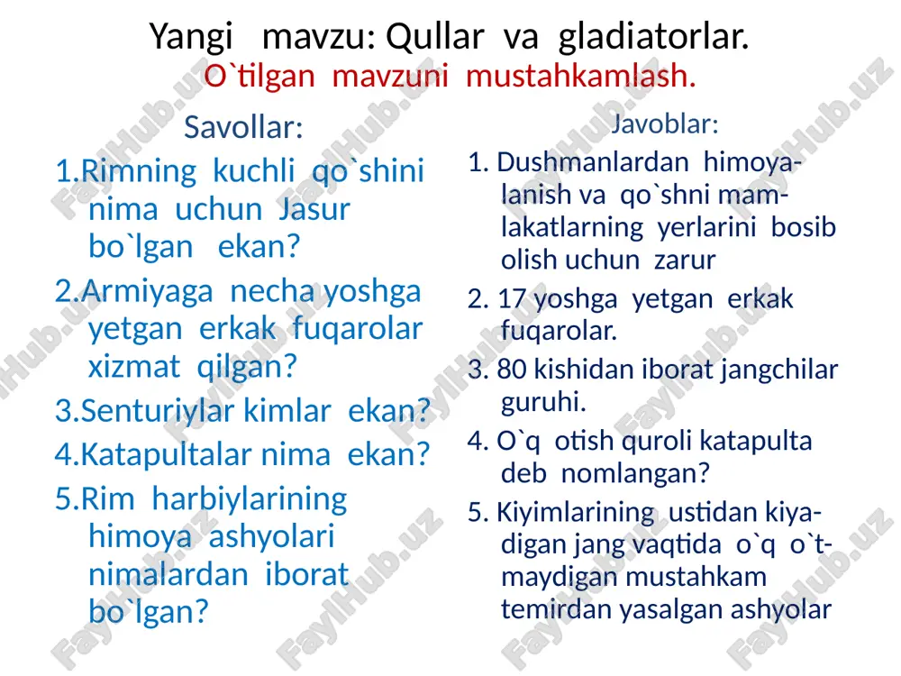 r qullarga qanday munosabatda bo`lgan? 2.ijarachilar nima bilan shug`ullanganlar? 3.mayda yer ijarachilarini qanday tanlangan? 4.gladiatorlarning sevimli tomoshalaridan biri qaysi jang bo`lgan? 5.gladiatorlar jangi qayerlarda bo`lib o`tgan? 6.spartak boshchiligidagi qullar qo`zg`oloni qachon bo`lib o`tgan? 7.spartakka qarshi kim boshchiligida qo`shin jo`natildi? 8.qullar narvonni nimalardan yasashgan? image1.png image2.jpeg image3.jpeg image4.jpeg image5.jpeg image6.jpeg image7.jpeg image8.jpeg image9.jpeg image10.jpeg image11.jpeg image12.jpeg image13.jpeg /docprops/thumbnail.jpeg