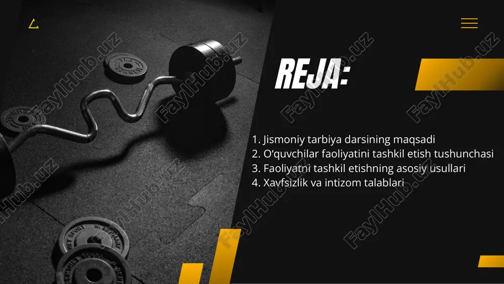 i texnik jihatdan murakkab harakatlarda aylanma (stansiyalar bo‘yicha) o‘quvchilar stansiyalarda navbatma-navbat mashqlarni bajaradi sport zali va jihoz ko‘p bo‘lganda 4. xavfsizlik va intizom talablari jismoniy tarbiya darslarida xavfsizlik birinchi o‘rinda turadi. o‘qituvchi quyidagilarga e’tibor qaratishi kerak: o‘quvchilarning tayyorgarlik darajasini hisobga olib yuklama berish. qizdirish mashqlari bilan darsni boshlash, sovutish mashqlari bilan yakunlash. mashqlarni to‘g‘ri bajarish bo‘yicha aniq ko‘rsatma berish. mashg‘ulot joyi (maydon, zal, jihozlar) xavfsiz holatda bo‘lishi. jarohatlanish holatida birinchi tibbiy yordam ko‘rsatish. o‘quvchilar intizomi, kiyim va poyabzal talablari bajarilgani nazorat qilinishi.