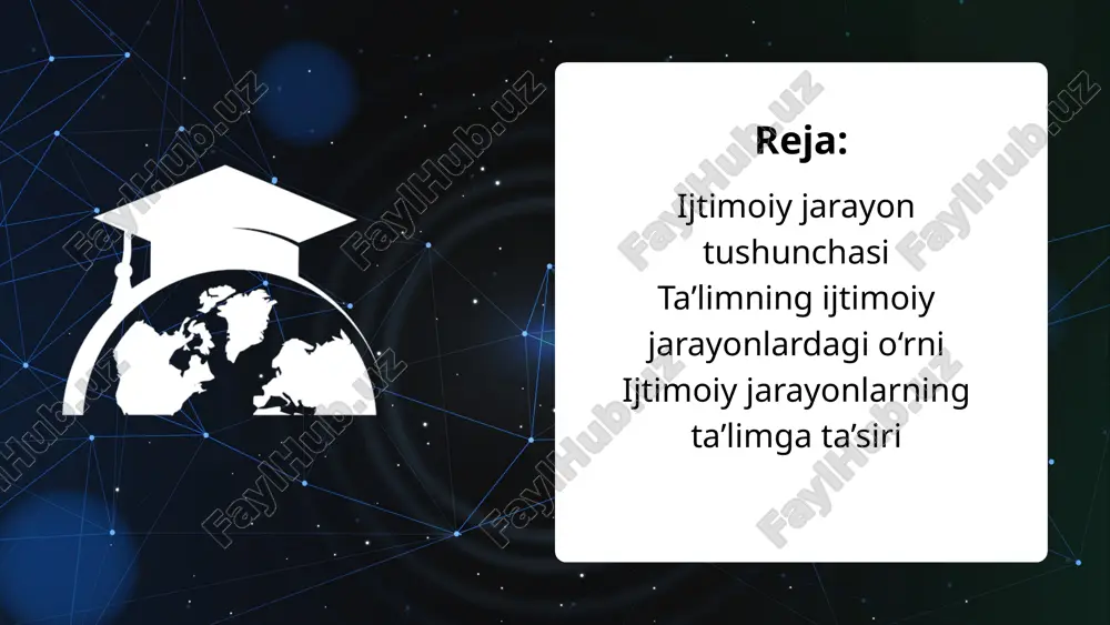 hambarchas bog‘liq. ta’lim ijtimoiy jarayonlarning barqaror rivojlanishini ta’minlaydi, ijtimoiy jarayonlar esa ta’limning mazmuni va shakllarini yangilashga sabab bo‘ladi. zamonaviy jamiyatning muvaffaqiyati bevosita ta’lim tizimining sifatiga bog‘liqdir. malakali kadrlar tayyorlaydi. jamiyatda madaniyat va ma’rifatni oshiradi. barqaror ijtimoiy muhit yaratadi. innovatsion iqtisodiyotga zamin hozirlaydi. ta’limning ijtimoiy rivojlanishga ta’siri raqamli ta’lim (onlayn platformalar, sun’iy intellekt). tanqidiy fikrlash va ijodkorlikka yo‘naltirilgan ta’lim. umrboqiy ta’lim (lifelong learning) tamoyili. zamonaviy ta’lim tendensiyalari e’tiboringiz uchun rahmat image1.png image2.png image3.svg image4.png image5.svg image6.png image7.svg image8.png image9.png image10.svg image11.png image12.svg image13.png image14.svg image15.png image16.svg /docprops/thumbnail.jpeg