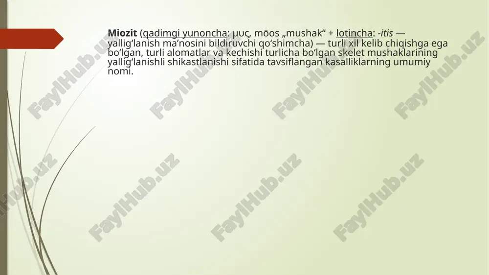 rtli ichimliklar taʼsirida). tananaing maʼlum qismlaridagi silliq tolalai mushaklarda miozit yuz berganda jiddiy xavf yuzaga kelishi mumkin. masalan, servikal miozit bilan yalligʻlanish oʻsha sohadagi ichki organlar muskullariga taʼsir etishi mumkin. shu sababli, ovqatni yutish qiyinlashib, yoʻtal paydo boʻladi. nafas olish mushaklari jarayonda ishtirok etsa, nafas qisilishi paydo boʻladi. tish-kasalliklari tish kasalliklari – bu og‘iz bo‘shlig‘idagi tishlar, milklar va atrofdagi to‘qimalarning turli sabablar natijasida shikastlanishi yoki yallig‘lanishi bilan bog‘liq kasalliklardir. ular nafaqat tishlarning yo‘qolishiga, balki butun organizm salomatligiga ham salbiy ta’sir ko‘rsatadi. eng keng tarqalgan tish kasalliklariga kariyes, pulpitis, periodontit, gingivit va stomatit kiradi. kariyes – tish kasalliklarining eng ko‘p uchraydigan turi bo‘lib, tish emalining yemirilishi bilan boshlanadi. uning sababi asosan og‘iz bo‘shlig‘ida to‘planadigan bakteriyalar, shakarli oziq-ovqatlar va noto‘g‘ri gigiyena hisoblanadi. bakteriyalar tish yuzasida kislotani hosil qilib, emalni yemiradi. dastlab kichik qora dog‘ ko‘rinishida paydo bo‘ladi, vaqt o‘tishi bilan tishning ichki qismini ham zararlaydi. pulpitis – bu tishning ichki qismi bo‘lgan …