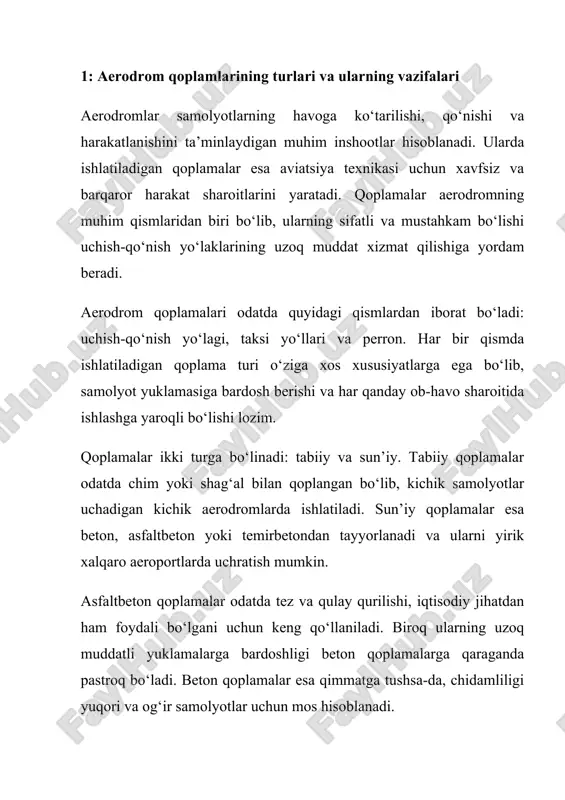 ri, sifati va joylashtirilishiga qarab, butun aeroport infratuzilmasining xavfsiz va samarali ishlashi ta’minlanadi. aerodromlar – bu aviatsiya harakatini ta’minlaydigan maxsus qurilish inshootlaridir. ularda uchish-qo‘nish yo‘laklari, taksi yo‘llari, perronlar va boshqa yordamchi maydonlar bo‘ladi. ushbu inshootlarning asosiy vazifasi – samolyotlarning xavfsiz qo‘nishi, uchishi va harakatlanishini ta’minlashdir. bu vazifani bajarishda eng muhim rolni aerodrom qoplamalari o‘ynaydi. qoplamalar – bu yer yuzasiga yotqiziladigan, mexanik yuklamalarni bardosh bilan ko‘taradigan qatlamlardir. qoplamalar aerodromlarning asosiy ishchi maydonlarini tashkil etadi. har qanday aviatsiya vositasi yerda harakatlanayotganda uning og‘irligi to‘liq qoplama orqali yerga o‘tadi. agar bu qoplama sifatli bo‘lmasa, unda samolyotlar qo‘nish yoki uchish vaqtida xavfga uchrashi mumkin. shu sababli har bir aerodromda ishlatiladigan qoplamaning materiali, tuzilishi va joylashishi puxta hisoblab chiqiladi. aerodrom qoplamalari ikki asosiy turga bo‘linadi: tabiiy va sun’iy. tabiiy qoplamalar – bu maxsus ishlov berilgan tuproq yoki o‘simlik bilan qoplangan yer yuzasidir. ular odatda kichik havo maydonlarida, yengil samolyotlar uchun mo‘ljallangan uchish yo‘laklarida ishlatiladi. masalan, …