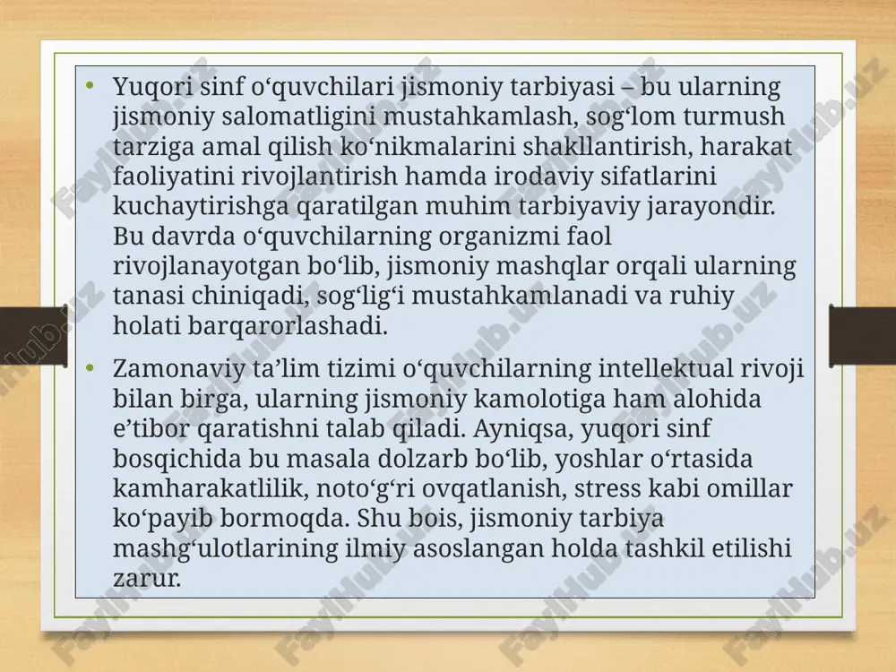 ning eng dolzarb masalalaridan biridir. yuqori sinf o‘quvchilari – bu o‘smirlikdan ilk katta yoshga o‘tish bosqichida bo‘lgan, 15–17 yoshdagi maktab o‘quvchilari bo‘lib, ularning jismoniy rivojlanishi biologik, psixologik va sotsiologik omillar ta’sirida kechadi. bu davr o‘ziga xos fiziologik o‘zgarishlar, tana tuzilishining murakkablashuvi, mushak tizimi va yurak-qon tomir faoliyatining kuchayishi bilan xarakterlanadi. shu sababli, yuqori sinf o‘quvchilari bilan ishlashda ularning jismoniy rivojlanish xususiyatlarini chuqur tushunish, tarbiya jarayonini individual yondashuv asosida tashkil qilish muhim hisoblanadi. jismoniy rivojlanish deganda insonning tashqi tana tuzilmasi, harakat ko‘nikmalari, mushak kuchi, chidamliligi, egiluvchanligi, tezkorligi kabi ko‘rsatkichlarning shakllanishi va o‘sishini tushunamiz. yuqori sinf o‘quvchilari organizmida bu rivojlanish jadal sur’atlar bilan kechadi. o‘smirlik davrining oxiri va katta yoshga o‘tish oralig‘ida suyak tizimi to‘liq shakllanadi, mushak massasi ortadi, yurak hajmi kattalashadi, qon aylanish va nafas olish tizimlari yanada barqaror ishlay boshlaydi. shu bilan birga, bu davrda gormonal o‘zgarishlar kuchayadi, bu esa o‘quvchilarning ruhiy holatiga va irodaviy sifatlariga bevosita ta’sir ko‘rsatadi. yuqori …