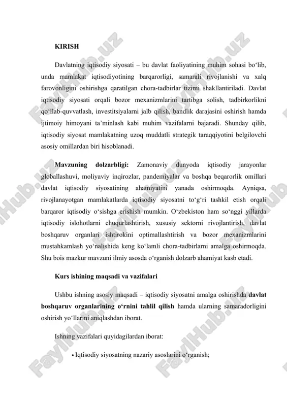 iyosatni amalga oshirishda davlat boshqaruv organlarining o‘rnini tahlil qilish hamda ularning samaradorligini oshirish yo‘llarini aniqlashdan iborat. ishning vazifalari quyidagilardan iborat: · iqtisodiy siyosatning nazariy asoslarini o‘rganish; · bozor iqtisodiyoti sharoitida davlatning iqtisodiy siyosatdagi rolini tahlil qilish; · rivojlangan davlatlar tajribasi asosida o‘zbekistonda iqtisodiy boshqaruv tizimini takomillashtirish bo‘yicha takliflar ishlab chiqish; · o‘zbekiston iqtisodiy siyosatining asosiy yo‘nalishlari va natijalarini baholash. tadqiqotning ilmiy asoslari ushbu kurs ishi o‘zbekiston respublikasi prezidentining iqtisodiy islohotlarga oid farmon va qarorlari, o‘zbekiston respublikasi iqtisodiy taraqqiyot va kambag‘allikni qisqartirish vazirligining rasmiy hisobotlari, shuningdek, jahon banki, xalqaro valyuta jamg‘armasi (imf) va boshqa xalqaro tashkilotlarning tahliliy ma’lumotlari asosida tayyorlangan. i-bob. iqtisodiy siyosatni amalga oshirish 1.1. iqtisodiy siyosatning mohiyati va zaruriyati iqtisodiy siyosat – bu davlat tomonidan iqtisodiy barqarorlik va o‘sishni ta’minlash, bozor mexanizmlarini tartibga solish hamda ijtimoiy farovonlikni oshirishga qaratilgan chora-tadbirlar tizimidir. u turli vositalar yordamida milliy iqtisodiyotning samaradorligini oshirishga xizmat qiladi. iqtisodiy siyosatning mohiyati iqtisodiy siyosatning asosiy vazifalari quyidagilardan …