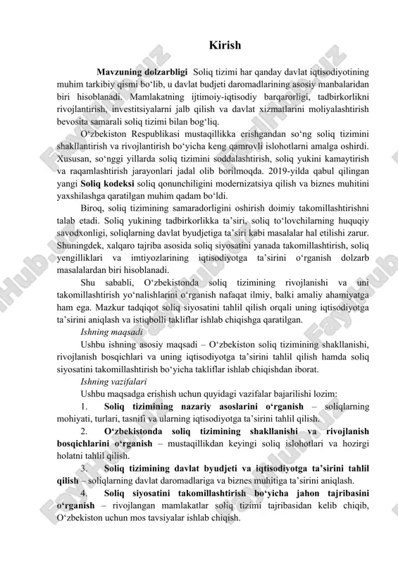 qabul qilingan yangi soliq kodeksi soliq qonunchiligini modernizatsiya qilish va biznes muhitini yaxshilashga qaratilgan muhim qadam bo‘ldi. biroq, soliq tizimining samaradorligini oshirish doimiy takomillashtirishni talab etadi. soliq yukining tadbirkorlikka ta’siri, soliq to‘lovchilarning huquqiy savodxonligi, soliqlarning davlat byudjetiga ta’siri kabi masalalar hal etilishi zarur. shuningdek, xalqaro tajriba asosida soliq siyosatini yanada takomillashtirish, soliq yengilliklari va imtiyozlarining iqtisodiyotga ta’sirini o‘rganish dolzarb masalalardan biri hisoblanadi. shu sababli, o‘zbekistonda soliq tizimining rivojlanishi va uni takomillashtirish yo‘nalishlarini o‘rganish nafaqat ilmiy, balki amaliy ahamiyatga ham ega. mazkur tadqiqot soliq siyosatini tahlil qilish orqali uning iqtisodiyotga ta’sirini aniqlash va istiqbolli takliflar ishlab chiqishga qaratilgan. ishning maqsadi ushbu ishning asosiy maqsadi – o‘zbekiston soliq tizimining shakllanishi, rivojlanish bosqichlari va uning iqtisodiyotga ta’sirini tahlil qilish hamda soliq siyosatini takomillashtirish bo‘yicha takliflar ishlab chiqishdan iborat. ishning vazifalari ushbu maqsadga erishish uchun quyidagi vazifalar bajarilishi lozim: 1. soliq tizimining nazariy asoslarini o‘rganish – soliqlarning mohiyati, turlari, tasnifi va ularning iqtisodiyotga ta’sirini …