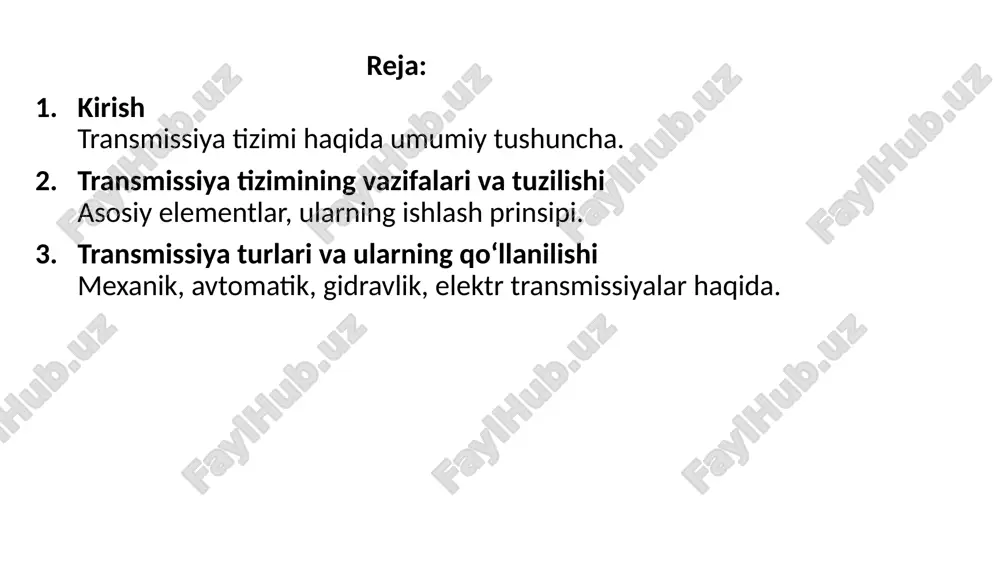 ik, elektromagnit. uzatmalar qutisi (korobka peredach) — momentni oshiradi yoki kamaytiradi, shuningdek teskari harakatni ta’minlaydi. mexanik, avtomatik, variator, robotlashtirilgan turlari mavjud. kardanning uzatmasi — uzatmalar qutisidan orqa differensialga momentni yetkazadi. val, krestovina, sharnirlar va podshipniklardan iborat. asosiy uzatma (glavnaya peredacha) — momentni oshiradi va harakat yo‘nalishini 90° ga o‘zgartiradi. differensial — o‘ng va chap g‘ildiraklarning turli tezlikda aylanishini ta’minlaydi, burilish vaqtida silliq harakat beradi. yarim o‘qlar (privodlar) — differensialdan momentni yurituvchi g‘ildiraklarga uzatadi. transmissiya turlari mexanik transmissiya – kuch uzatish mexanik elementlar (tishli g‘ildirak, val, mufta) orqali amalga oshiriladi. gidravlik transmissiya – moment suyuqlik oqimi orqali uzatiladi (gidrotransformator). elektr transmissiya – dvigatel generatorni aylantiradi, u esa elektr motorlar orqali g‘ildiraklarni harakatga keltiradi. gibrid transmissiya – mexanik va elektr tizimlar kombinatsiyasi. transmissiyaning ahamiyati avtomobilning harakat silliqligi, tezlanish dinamikasi va yoqilg‘i tejamkorligi transmissiya tizimining to‘g‘ri ishlashiga bog‘liq. har bir uzatmada dvigatel optimal yuklamada ishlaydi, bu esa uning xizmat muddatini uzaytiradi. zamonaviy transmissiyalar …