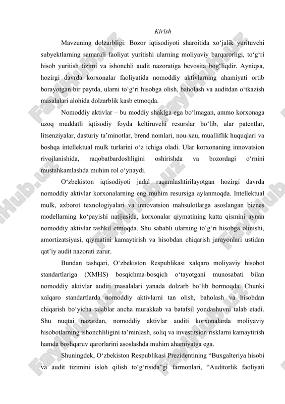 murakkab va batafsil yondashuvni talab etadi. shu nuqtai nazardan, nomoddiy aktivlar auditi korxonalarda moliyaviy hisobotlarning ishonchliligini ta’minlash, soliq va investitsion risklarni kamaytirish hamda boshqaruv qarorlarini asoslashda muhim ahamiyatga ega. shuningdek, o‘zbekiston respublikasi prezidentining “buxgalteriya hisobi va audit tizimini isloh qilish to‘g‘risida”gi farmonlari, “auditorlik faoliyati to‘g‘risida”gi qonuni va boshqa me’yoriy hujjatlar bu sohada xalqaro tajribani joriy etish, ichki nazoratni mustahkamlash hamda auditning sifatini oshirishni nazarda tutadi. bu esa mavzuning ilmiy va amaliy jihatdan o‘rganilishini yanada muhimlashtiradi. kurs ishining maqsadi mazkur kurs ishining maqsadi — korxonalarda nomoddiy aktivlar auditining nazariy va amaliy asoslarini o‘rganish, audit jarayonida qo‘llaniladigan usullarni tahlil qilish hamda bu yo‘nalishni takomillashtirish bo‘yicha amaliy tavsiyalar ishlab chiqishdan iborat. kurs ishining vazifalari belgilangan maqsadga erishish uchun quyidagi vazifalar belgilandi: · nomoddiy aktivlarning iqtisodiy mohiyati, turlari va ularning ahamiyatini yoritish; · nomoddiy aktivlarning buxgalteriyada aks ettirilish tartibini o‘rganish; · nomoddiy aktivlar auditi jarayonining maqsadi, prinsiplari va metodikasini tahlil qilish; · amaliy misol …
