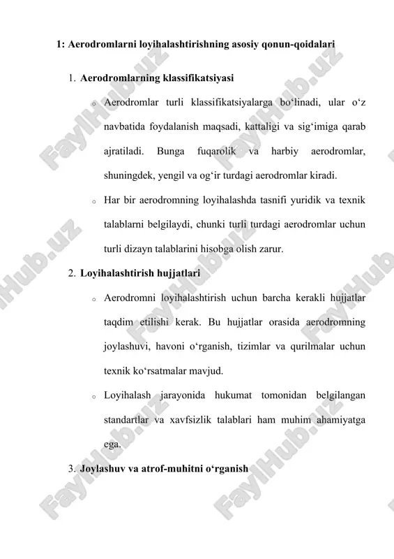 erkin uchish maydonlarini ajratish, uchish-qo‘nish yo‘llarini optimallashtirish, maxsus xavfsizlik zonalarini tashkil etish kabi elementlarni o‘z ichiga oladi. · xavfsizlik me'yorlari har bir turdagi samolyot uchun individual tarzda aniqlanadi. 6. aerodromning operatsion samaradorligi · aerodromni loyihalashda uning operatsion samaradorligi alohida e'tiborga olinadi. bu jarayon samolyotlar parki, ularning texnik holati va boshqa omillarni o‘z ichiga oladi. · aerodromlar uchun operatsion samaradorlikni ta'minlash maqsadida barcha tizimlar va infrastruktura sifatli va samarali bo‘lishi kerak. 7. boshqaruv tizimlari va texnologiyalar · aerodromni loyihalashtirishda boshqaruv tizimlari ham katta o‘rin tutadi. yangi texnologiyalar, jumladan, avtomatlashtirilgan boshqaruv tizimlari, radarlar va navigatsiya tizimlari qo‘llaniladi. · aerodromning zamonaviy boshqaruv tizimlari unga samolyotlarni samarali boshqarish imkonini beradi. 8. texnik xizmatlar va infratuzilma · aerodromlarda texnik xizmatlar ko‘rsatish uchun alohida binolar va joylar ajratiladi. bu joylar aviaqonaklar uchun texnik xizmatlar, ta'mirlash, parvoz oldidan tekshiruvlar va boshqa xizmatlarni amalga oshiradi. · infratuzilma, jumladan, yo‘llar, suv ta'minoti va boshqa ijtimoiy xizmatlar ham loyihalashtirish jarayonida …