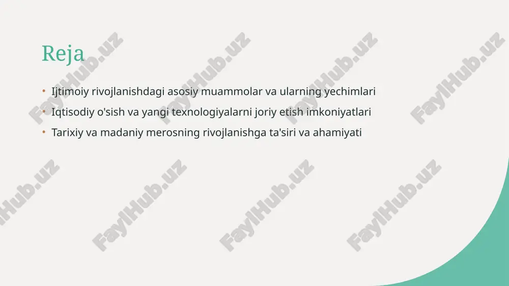 da muhim. 2 ayollarning imkoniyatlari - ayollar ta'lim va ish o'rinlarida keng imkoniyatlar yaratilgani sayin, ular ijtimoiy va iqtisodiy rivojlanishda muhim rol o'ynab, tenglikni ta'minlaydi. 3 rivojlanish uchun potensial - yoshlar va ayollar innovatsion loyihalar, startaplar va jamiyatda faol ishtirok orqali iqtisodiy va madaniy taraqqiyotga hissa qo'shmoqda. ijtimoiy tengsizlik va uning taraqqiyotga ta'siri 01 ijtimoiy tengsizlikning shakllari ijtimoiy tengsizlik iqtisodiy, ta'lim va sog'liqni saqlash sohalarida namoyon bo‘lib, imkoniyatlar va resurslar taqsimotidagi farqlardan kelib chiqadi. bu, o‘z navbatida, ijtimoiy muhitda bo‘linishlarga olib keladi. 02 taraqqiyotga ta'siri tengsizlik rivojlanishni sekinlashtiradi, ijtimoiy tartibsizliklarni kuchaytiradi va yoshlar hamda ayollarning imkoniyatlarini cheklaydi. bu esa umumiy iqtisodiy o‘sishga ziddir. 03 qarshi kurash choralari tengsizlikni kamaytirish uchun ta’lim imkoniyatlarini kengaytirish, ijtimoiy yordam dasturlarini takomillashtirish va yoshlar va ayollarning faol ishtirokini ta’minlash muhimdir. mahalliy hamjamiyatlar va davlatning ijtimoiy muammolarga qarshi kurashdagi roli mahalliy hamjamiyatlarning roli mahalliy jamoalar muhim ijtimoiy muammolarga javob berishda asosiy faoliyat yuritadi. ular mahalliy ehtiyojlarni …