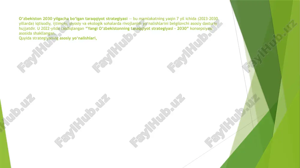 oq joylarda infratuzilma, yo‘l, suv va energiya tizimlarini yaxshilash. aholini toza ichimlik suvi va sifatli uy-joy bilan ta’minlash. 5. atrof-muhit va “yashil iqtisodiyot” 5. atrof-muhit va “yashil iqtisodiyot” iqlim o‘zgarishiga moslashish choralarini ko‘rish. qayta tiklanuvchi energiya manbalarini (quyosh, shamol) 40% gacha oshirish. chiqindilarni qayta ishlash tizimini yo‘lga qo‘yish. 7. tinchlik, xavfsizlik va tashqi siyosat mintaqaviy barqarorlikni mustahkamlash. xalqaro hamkorlikni kengaytirish. o‘zbekistonning xalqaro nufuzini oshirish. yo‘nalish maqsadli ko‘rsatkich yaim o‘sishi 2 baravar oshirish kambag‘allik darajasi 2 baravar kamaytirish qayta tiklanuvchi energiya ulushi 40% eksport hajmi 2 baravar ko‘paytirish raqamli iqtisodiyot ulushi 30% dan ortiq ta’lim tizimida ishtirok darajasi 100% yaqinlashish asosiy raqamli maqsadlar (2030 yilga qadar) /docprops/thumbnail.jpeg