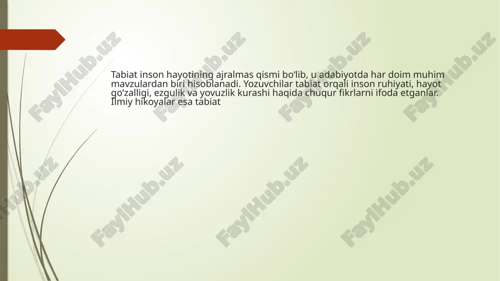 minib” bu asarda fantastik voqealar orqali tabiat muhofazasi va ekologik masalalar o‘ziga xos tarzda yoritilgan. bolalar uchun yozilgan bu asar tabiatga ehtiyotkorlik bilan munosabatda bo‘lish g‘oyasini singdiradi. erkin a’zam — “yoz yomg‘iri” bu hikoya tabiatdagi o‘zgarishlar orqali inson ruhiyatining yangilanishi, poklanishini badiiy ifodalaydi. hikoyada tabiat ilmiy tushunchalar bilan emas, balki falsafiy va ruhiy ramz sifatida tahlil qilinadi. dunyo adabiyotida ham tabiat va ekologiya mavzusi chuqur o‘rganilgan. ko‘plab yozuvchilar tabiatni ilmiy asosda tushuntiruvchi hikoyalar orqali o‘quvchini ilmiy tafakkurga chorlaydilar. /docprops/thumbnail.jpeg