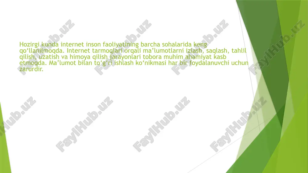 mumkin. ma’lumotni qayta ishlash internet orqali onlayn dasturlar yordamida ma’lumotni qayta ishlash mumkin. masalan: google docs, microsoft 365 – hujjat, jadval va taqdimotlar bilan ishlash; canva, fotor – rasm va dizayn tahriri; capcut, clipchamp – video tahrirlash; chatgpt, grammarly – matnni tahlil qilish va tuzatish. bu xizmatlar ish jarayonini yengillashtiradi, jamoaviy ishlash imkonini yaratadi va vaqtni tejaydi. ma’lumot xavfsizligi internetda ma’lumot bilan ishlashda xavfsizlik masalasi muhim o‘rin tutadi. shaxsiy ma’lumotlar, parollar, moliyaviy axborotlar himoyalanmagan bo‘lsa, ularni yo‘qotish yoki o‘g‘irlanish xavfi mavjud. xavfsizlik choralariga quyidagilar kiradi: kuchli parol va ikki bosqichli autentifikatsiyadan foydalanish; antivirus dasturlarini o‘rnatish; shubhali havolalar va fayllarni ochmaslik; muhim ma’lumotlarni shaxsiy yoki bulutli xavfsiz joyda saqlash. /docprops/thumbnail.jpeg