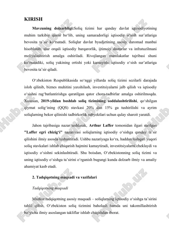 tadi. 2. tadqiqotning maqsadi va vazifalari tadqiqotning maqsadi mazkur tadqiqotning asosiy maqsadi – soliqlarning iqtisodiy o‘sishga ta’sirini tahlil qilish, o‘zbekiston soliq tizimini baholash hamda uni takomillashtirish bo‘yicha ilmiy asoslangan takliflar ishlab chiqishdan iborat. tadqiqotning vazifalari ushbu maqsadga erishish uchun quyidagi vazifalar belgilangan: soliq tushunchasi va mohiyatini o‘rganish – soliqlar va soliq tizimining iqtisodiyotdagi o‘rnini nazariy jihatdan tahlil qilish. soliq stavkalari va iqtisodiy o‘sish o‘rtasidagi bog‘liqlikni aniqlash – soliqlar biznes faoliyatiga qanday ta’sir qilishini iqtisodiy modellar asosida tahlil qilish. o‘zbekiston soliq tizimining rivojlanish tendensiyalarini tahlil qilish – mustaqillikdan keyingi soliq islohotlari va ularning natijalarini baholash. xorijiy mamlakatlar tajribasini o‘rganish – rivojlangan davlatlarning soliq tizimi va iqtisodiy o‘sish o‘rtasidagi bog‘liqlik bo‘yicha tajribalarini ko‘rib chiqish. taklif va tavsiyalar ishlab chiqish – o‘zbekiston soliq tizimini yanada takomillashtirish bo‘yicha ilmiy asoslangan takliflar berish. tadqiqot obyekti va predmeti tadqiqot obyekti – o‘zbekiston respublikasining soliq tizimi va uning iqtisodiy o‘sishga ta’siri. tadqiqot predmeti – soliq siyosatining iqtisodiy …