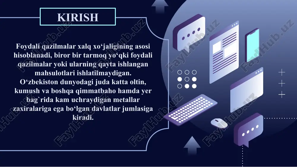 ‘linadi. yuqorida bayon qilinganlardan kelib chiqqan xolda berilgan oltinli rudadan mayda oltin zarralarini ajratib olish uchun quyidagi texnologik sxema tanlandi: rudani 85% - 0,074 mm gacha yanchish, bo‘tanani konsentratsion stolda yirik oltin zarralarini ajratib xomaki gravitaion boyitma olish, xomaki gravitatsion boyitmani yana bir bor konsentratsion stoldan o‘tkazib talabga javob beradigan graviboyitma olish. bunda graviboyitmaning chiqishi 1,5%, graviboyitmaga ajralish 40-45% bo‘lishi kutiladi. gravitatsion boyitish chiqindisi qayta yanchilib mayda oltin zarralarini ajratib olish uchun flotatsiya usulida boyitiladi. flotatsiya jarayoni asosiy, tozalash va nazorat flotatsiyalarini o‘z ichiga oladi.. mis-pirit trudalarini boyitishing texnologik sxemasi boyitishning miqdor sxemasini hisoblash natijalari № operatsiya va maxsulotlar operatsiya va maxsulotlar nomi q, t/s γ,% β, g/t ε, % r, g/t iv. asosiy flotatsiya tushadi: 5. dastlabki mahsulot 91.68 100 3.7 100 3.39 14. oraliq mahsulot 4.48 4.89 6.6 8.72 0.3 7. ja’mi: 96.16 104.89 3.84 108.72 3.69 chiqadi: 8. asosiy flotatsiya boyitmasi 7.9 8.62 42 97.85 3.32 9. …