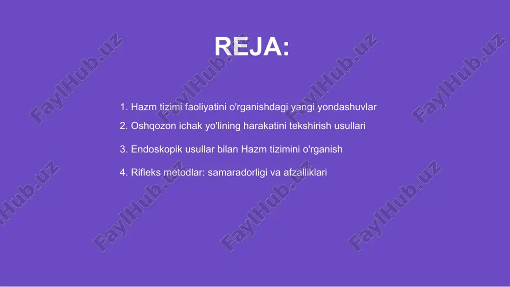 o'g'ri ko'rishga yordam beradi. diagnostika va davolash jarayonlari yanada aniq kechadi. endoskopik tekshiruvlar yordamida tizim faoliyatining buzilishlarini aniqlash mumkin. bu metodlar bemorlarning sog'ligini saqlash va individual davolashni rivojlantirishda muhim ahamiyatga ega. tadqiqotlar davom etmoqda. endoskopik usullar bilan hazm tizimini o'rganish hazm tizimi faoliyatini o'rganish uchun yangi texnologiyalar va metodlar joriy etilmoqda. bu usullar aniq va samarali natijalar taqdim etadi. oshqozon-ichak yo'lining harakatini tekshirishda rifleks metodlari keng qo'llanilmoqda. ular diagnostikani osonlashtiradi va tez natija olish imkonini beradi. shu usullarning afzalliklari samaradorlik, minimal invazivlik va yuqori aniqlik bo'lib, zamonaviy tibbiyotda keng qo'llanmoqda, bu esa bemorlarning sog'lig'iga foyda keltiradi. rifleks metodlar: samaradorligi va afzalliklari 01 hazm tizimini o'rganishda yangi usullar muhim ahamiyatga ega bo'lib, diagnostikani yanada aniqroq va samaraliroq qilish imkonini beradi. bu usullar tez va minimal invaziv ishlashni ta'minlaydi. 02 oshqozon-ichak yo'lining harakat faoliyatini tekshirishda radiologik usullar muhim rol o'ynaydi, ular yordamida tashxis aniq vaqtda bajariladi. zamonaviy texnologiyalar yordamida mahalliy o'zgarishlar kuzatiladi. …