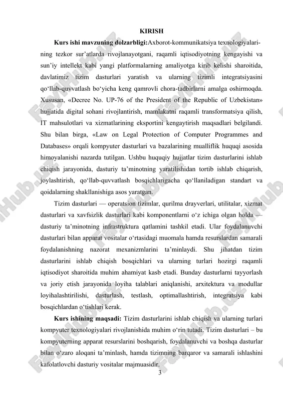 oidalarning shakllanishiga asos yaratgan. tizim dasturlari — operatsion tizimlar, qurilma drayverlari, utilitalar, xizmat dasturlari va xavfsizlik dasturlari kabi komponentlarni o‘z ichiga olgan holda — dasturiy ta’minotning infrastruktura qatlamini tashkil etadi. ular foydalanuvchi dasturlari bilan apparat vositalar o‘rtasidagi muomala hamda resurslardan samarali foydalanishning nazorat mexanizmlarini ta’minlaydi. shu jihatdan tizim dasturlarini ishlab chiqish bosqichlari va ularning turlari hozirgi raqamli iqtisodiyot sharoitida muhim ahamiyat kasb etadi. bunday dasturlarni tayyorlash va joriy etish jarayonida loyiha talablari aniqlanishi, arxitektura va modullar loyihalashtirilishi, dasturlash, testlash, optimallashtirish, integratsiya kabi bosqichlardan o‘tishlari kerak. kurs ishining maqsadi: tizim dasturlarini ishlab chiqish va ularning turlari kompyuter texnologiyalari rivojlanishida muhim o‘rin tutadi. tizim dasturlari – bu kompyuterning apparat resurslarini boshqarish, foydalanuvchi va boshqa dasturlar bilan o‘zaro aloqani ta’minlash, hamda tizimning barqaror va samarali ishlashini kafolatlovchi dasturiy vositalar majmuasidir. kurs ishining vazifasi: · resurslarni boshqarish – tizim dasturlari protsessor, xotira, disk, tarmoq va boshqa apparat resurslarini samarali ishlatish vazifasini bajaradi. ular resurslarni …