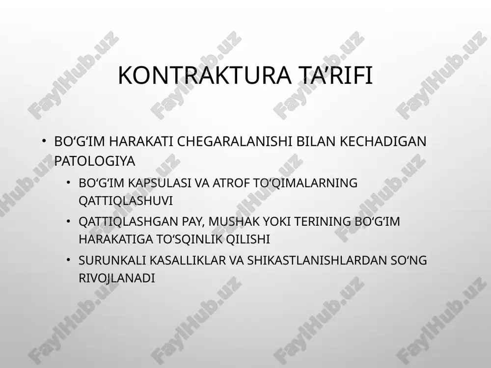 teri tortilib qoladi estetik deformatsiya bilan kechadi miogen kontraktura mushak distrofiyasi sababli rivojlanadi mushak tolalari qisqaradi va tonus oshadi reabilitatsiya kech boshlanganida ko‘proq uchraydi lfk asosiy davolash usuli hisoblanadi kontraktura tashxisi goniometriya orqali harakat burchagini o‘lchash rengenografiya — suyak o‘zgarishlarini baholash mrt — yumshoq to‘qimalarni ko‘rish nevrologik va ortopedik tekshiruvlar kasallik tarixini o‘rganish kontraktura profilaktikasi erta reabilitatsiya va lfk mashqlari immobilizatsiya davrida qo‘shimcha mashqlar bajarish massaj va fizioterapiya mos ortopedik vositalar qo‘llash jarrohlikdan so‘ng muntazam kuzatuv kontraktura davolash konservativ va jarrohlik usullar mavjud passiv va aktiv mashqlar massaj mushak tonusini tiklaydi parafin terapiya, elektroterapiya og‘ir holatlarda artroliz yoki tenoliz fizioterapiya issiqlik muolajalari bo‘g‘imni yumshatadi ultratovush qon aylanishini yaxshilaydi elektrostimulyatsiya mushakni faollashtiradi magniyli vannalar og‘riqni kamaytiradi reabilitatsiya mushak kuchini tiklashga qaratilgan mashqlar bo‘g‘im harakatini bosqichma-bosqich kengaytirish yurish mashqlari va muvozanatni tiklash ortozlar bilan to‘g‘ri qo‘llab-quvvatlash medikamentoz davolash nsaid — yallig‘lanishga qarshi analgetiklar — og‘riqni kamaytirish vazodilatatorlar — qon oqimini yaxshilash vitaminlar …