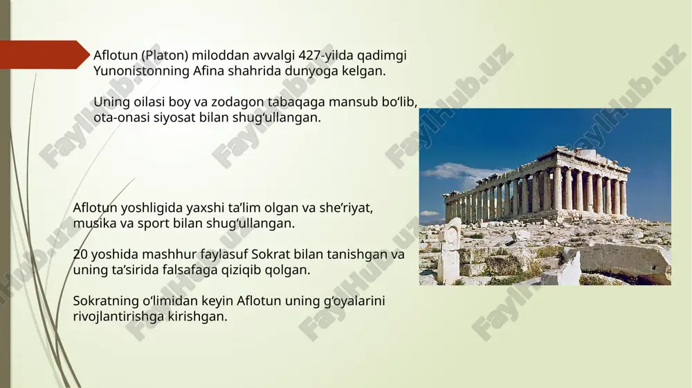 yot tanqidi aflotun "davlat"da san’at va adabiyotni keskin tanqid qiladi. unga ko‘ra, ular haqiqatni aks ettirmaydi, balki uni buzib ko‘rsatadi. ayniqsa, she’riyat va drama insonni hissiyotlarga berilishga undaydi, bu esa davlat barqarorligi uchun xavfli. 3 ideal davlatning strukturasiga chuqurroq yondashuv 1. davlatning uch tabaqasi: faylasuf-hukmdorlar: qaror qabul qiladi va davlatni boshqaradi. himoyachilar (jangchilar): davlatni dushmanlardan himoya qiladi. ishlab chiqaruvchilar: iqtisodiy soha va kundalik ehtiyojlarni qondirish uchun javobgar. 3. utopik jamiyat nazariyasi aflotunning davlat modeli utopik xarakterga ega, chunki unda tabaqalar o‘rtasida faqat vazifa bilan farqlanish nazarda tutiladi, mulkiy va shaxsiy manfaatlar cheklangan. hukumat shakllari va ularning tanqidi aflotun demokratiya, oligarkiya va boshqa hukumat shakllarining kamchiliklarini ko‘rsatadi va ideal davlatning ustunligini asoslaydi. platonning ideal davlat modeli zamonaviy siyosiy tizimlarni tahlil qilishda asosiy falsafiy manba hisoblanadi. uning faylasuf-hukmdorlar konsepsiyasi bugungi kunda malakali va bilimdon yetakchilarning ahamiyatini ta’kidlaydi platonning "davlat" (respublika) asari hozirgi kunda ham katta ahamiyatga ega bo‘lib, siyosat, falsafa, va ijtimoiy …