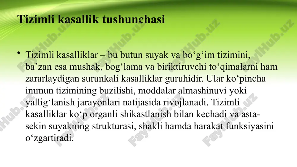 vitamini, bisfosfonatlar, mashqlar, quyosh nuri. ankilozlovchi spondilit umurtqa pog‘onasining yallig‘lanishli kasalligi. belgilar: bel og‘rigi, qotishish, 'bambuk tayoqcha' ko‘rinish. davo: nsaid, fizioterapiya, suzish, nafas mashqlari. boshqa tizimli kasalliklar sle, sklerodermiya, reaktiv artrit, psoriatik artrit – autoimmun mexanizmlar bilan kechadi, bo‘g‘imlar, mushaklar va terini zararlaydi. travmatologik asoratlar suyak mo‘rtlashuvi, tez-tez sinish, bo‘g‘im deformatsiyasi, mushak atrofiyasi, suyak bitishining sekinlashishi. laborator belgilar esr↑, crp↑, revmatoid faktor(+), anti-ccp(+), urat↑, kalsiy va fosfor muvozanati buzilishi. davolash tamoyillari yallig‘lanishni kamaytirish (nsaid, steroidlar), immun tizimini boshqarish (dmards), metabolik muvozanatni tiklash, fizioterapiya, jarrohlik (protezlash). profilaktika sog‘lom ovqatlanish, vazn nazorati, jismoniy faollik, d vitamini, quyosh nuri, travmalardan saqlanish. reabilitatsiya fizioterapevtik mashqlar, harakatni tiklash, massaj, suv muolajalari, psixologik qo‘llab-quvvatlash, ortopedik moslamalar. dietoterapiya sut mahsulotlari, baliq, sabzavot, yong‘oqlar foydali. tuz, shakar, yog‘li go‘shtni cheklash, purinli mahsulotlardan saqlanish, ko‘p suyuqlik ichish. xulosa suyak va bo‘g‘imlarning tizimli kasalliklari erta aniqlansa, asoratlar kamayadi. kompleks yondashuv – dori, fizioterapiya, reabilitatsiya, parhez. sog‘lom turmush tarzi asosiy profilaktika …