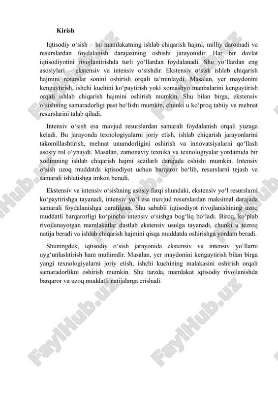 oshirishga yordam beradi. shuningdek, iqtisodiy o‘sish jarayonida ekstensiv va intensiv yo‘llarni uyg‘unlashtirish ham muhimdir. masalan, yer maydonini kengaytirish bilan birga yangi texnologiyalarni joriy etish, ishchi kuchining malakasini oshirish orqali samaradorlikni oshirish mumkin. shu tarzda, mamlakat iqtisodiy rivojlanishda barqaror va uzoq muddatli natijalarga erishadi. 1. ekstensiv o‘sish resurslarni ko‘paytirish orqali o‘sish. ekstensiv o‘sish – bu iqtisodiy o‘sishning eng oddiy va an’anaviy yo‘li bo‘lib, u ishlab chiqarish hajmini oshirish uchun mavjud resurslar sonini ko‘paytirishga asoslanadi. ekstensiv o‘sishning asosiy g‘oyasi shundaki, ishlab chiqarishning umumiy hajmini oshirish uchun texnologiya, innovatsiya yoki ishlab chiqarish samaradorligini oshirishga qaramasdan, ishlab chiqarish jarayoniga yangi resurslar jalb qilinadi. bunda ishlab chiqarishning birligi uchun sarflangan xarajat oshishi mumkin, ammo qisqa muddatda ishlab chiqarish hajmini ko‘paytirish imkoniyati mavjud bo‘ladi. ekstensiv o‘sishning eng keng tarqalgan shakllaridan biri qishloq xo‘jaligida kuzatiladi. masalan, dehqonchilikda hosildorlikni oshirishning bir yo‘li – yangi yer maydonlarini dehqonchilikka jalb qilishdir. shuningdek, ekstensiv yo‘l bilan hosildorlikni oshirish uchun yangi sug‘orish …