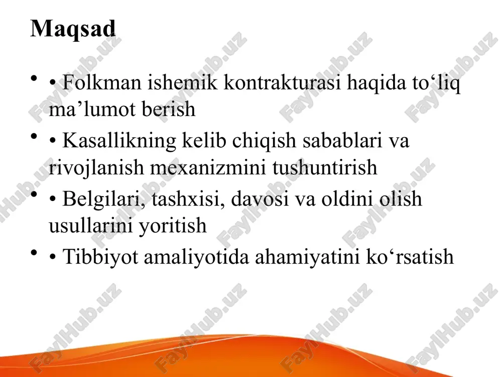 ish • og‘riqni kamaytiruvchi dori vositalari • fatsiyotomiya (bosimni kamaytirish) • qon tomir tiklansa – qon aylanishi tiklanadi davolash (kech bosqich) • nobud mushakni olib tashlash • mushak va paylarni joyini o‘zgartirish • fizioterapiya, massaj, issiqlik muolajalari • uzoq muddatli reabilitatsiya oldini olish choralari • sinishdan keyin qon aylanishini kuzatish • gips juda qattiq bo‘lmasin • og‘riq, oqarish, uvishish bo‘lsa darhol shifokorga murojaat qilish • mashqlar va qon aylanishini yaxshilash muolajalari asoratlari • qo‘l deformatsiyasi • harakatning yo‘qolishi • mushak va asablarning nobud bo‘lishi • mehnat qobiliyatining pasayishi • ruhiy tushkunlik xulosa folkman ishemik kontrakturasi — bu bilak mushaklarida qon aylanishi buzilishi natijasida paydo bo‘ladigan og‘ir kasallikdir. erta tashxis va fatsiyotomiya qo‘l funksiyasini saqlaydi. kech aniqlansa mushaklar nobud bo‘ladi va qo‘l harakati yo‘qoladi. har bir tibbiyot xodimi bu kasallikni erta aniqlashni bilishi lozim. image3.png image4.png image2.jpeg /docprops/thumbnail.jpeg