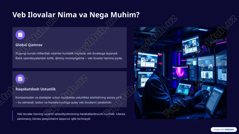 lumotlarni boshqarish backend veb-ilovaning "miya"si bo‘lib, barcha server tomonidagi mantiq, ma'lumotlar bazasi bilan aloqa va xavfsizlik uchun javobgar. node.js (javascript) javascript asosida server tomonida ishlaydi. asenkron arxitekturasi tufayli juda tezkor va yuqori samarali ilovalar (masalan, real vaqt rejimida ishlaydigan chatlar) uchun qulay. python (django, flask) python soddaligi va o‘qish osonligi bilan ajralib turadi. django — yuqori darajadagi, kuchli va xavfsiz backend yaratish uchun mo‘ljallangan to‘liq framework. flask esa yengilroq va minimalistik variant. php an'anaviy, ammo hali ham juda keng tarqalgan til. wordpress kabi ko‘plab saytlar uchun asosiy til hisoblanadi. laravel va symfony kabi zamonaviy frameworklar uni yanada kuchaytirdi. 5 ma'lumotlar bazalari va apilar olamida ma'lumotlar bazasi turlari sql (relatsion): ma'lumotlarni qat'iy tuzilmalar va jadvallar orqali boshqaradi (mysql, postgresql, oracle). ma'lumotlarning butunligi muhim bo‘lgan joylarda afzal. nosql (norelatsion): moslashuvchan va tarqatilgan ma'lumotlar uchun (mongodb, redis, cassandra). tez o‘zgaruvchan yoki katta hajmdagi ma'lumotlar uchun ideal. api (application programming interface) api orqali frontend …