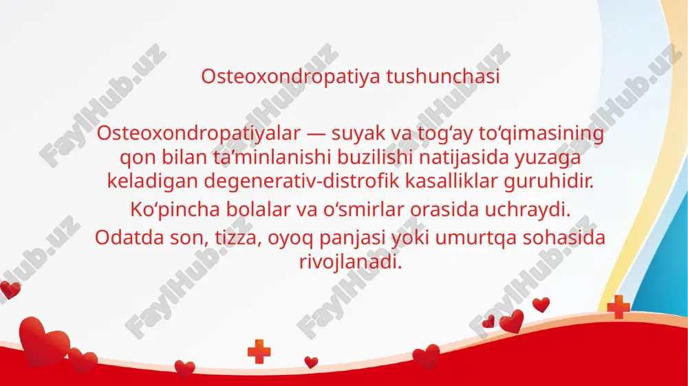 ning assimetriyasi • noto‘g‘ri o‘tirish yoki yotish holati • og‘ir yukni bir qo‘lda ko‘tarish odati • asab tizimi kasalliklari (poliomiyelit va b.) skolioz darajalari medical infographics skolioz darajalari 1️⃣ 1-daraja – 10° gacha egilish, tashqi belgilar kam 2️⃣ 2-daraja – 10–25°, yelkalar assimetriyasi seziladi 3️⃣ 3-daraja – 26–50°, qovurg‘a qopqog‘i hosil bo‘ladi 4️⃣ 4-daraja – 50° dan ortiq, jiddiy deformatsiya skoliozda davolash medical infographics skoliozda davolash • to‘g‘ri qomatni shakllantirish • maxsus jismoniy mashqlar (lfk) • suzish, massaj, fizioterapiya • ortopedik korselar • 3–4-darajada – jarrohlik operatsiyasi xulosa osteoxondropatiyalar va skolioz erta bosqichda aniqlansa, ularni to‘liq davolash mumkin. har bir bola va o‘smirda to‘g‘ri qomat, faol hayot tarzi va sog‘lom ovqatlanish — profilaktikaning eng muhim omillaridir. sog‘lom suyak – sog‘lom kelajak! adabiyotlar 1. to‘xtasinov x., abdullayev sh. “travmatologiya va ortopediya” – toshkent: tta nashriyoti, 2018. 2. qodirov g‘. m. “ortopediya asoslari” – toshkent, 2020. 3. kolesov i. a. “ortopediya i …
