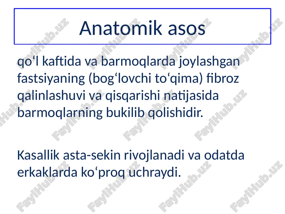 ashlash; reabilitatsiya: fizioterapiya va mashqlar zarur. oldini olish qo‘l mushaklarini muntazam mashq qildirish; spirtli ichimliklardan saqlanish; qandli diabetni nazorat ostida ushlash; qo‘lni doimiy mikrotravmalardan himoya qilish. xulosa aponevroz to‘qimasi kollagen tolalarining o‘sishi va chandiqlanishi natijasida qalinlashadi. natijada:kaft terisi tortiladi;barmoqlar, ayniqsa 4- va 5-barmoq, bukilib qoladi;ekstenziya (to‘g‘rilash) cheklanadi. etiboringiz uchun raxmat image1.jpeg image2.jpeg image3.jpeg