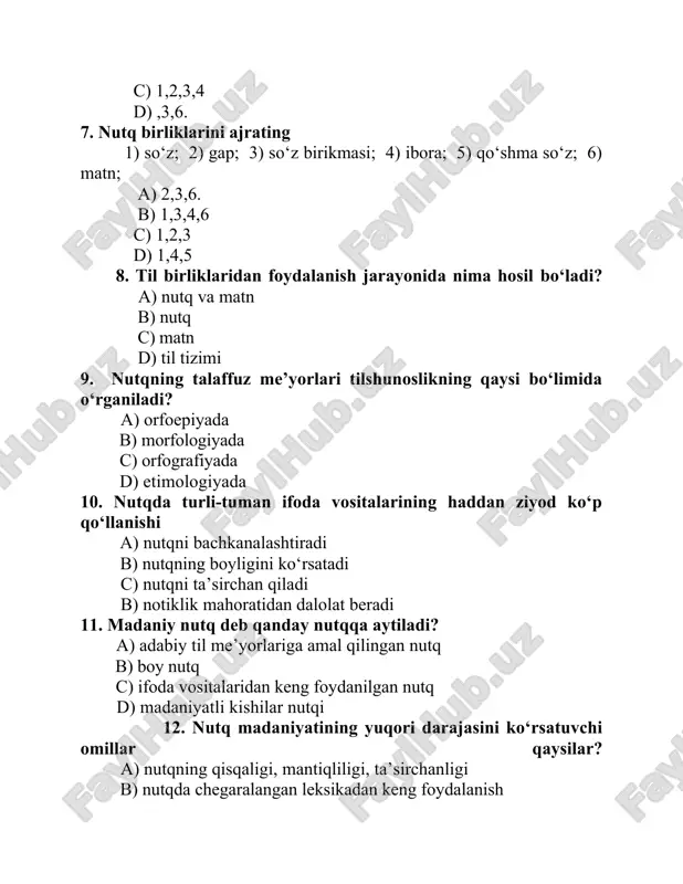 hanligi b) nutqda chegaralangan leksikadan keng foydalanish c) nutqning vaziyatga mos kelishi d) nutqning hayajonli, ko‘tarinki ruhda bo‘lishi 13. nutq madaniyatining notiqlik san’atidan farq nimada? a) nutq madaniyati ommaviylik xususiyatiga ega, notiqlik san’ati xususiydir b) notiqlik san’ati umumiy, nutq madaniyati ommaviy hodisa c) madaniy nutq notiqlik san’atining bir qismi d) nutq madaniyati savodxonlik bilan bog‘liq 14. alisher navoiyning «ma’ni adosinda alfoz tilga kelur va ul alfozdin ma’ni fahm bo‘lur» degan fikri nima haqida? a) shakl va mazmun haqida b) ma’noli nutq to‘g‘risida c) ma’noni tushunish ahamiyati haqida d) shakldosh so‘zlar ma’nosi haqida 15.nutq odobi haqida fikr bildirilgan asarlar to‘g‘ri berilgan qatorni toping. a) navoiy «mahbubul qulub», yusuf xos hojib «qutadg‘u bilig» b) navoiy «mezon ul avzon», bobur muxtasar» c) bobur «boburnoma», kaykovus «qobusnoma» d) cho‘lpon «adabiyot nadur?», fitrat «tilimiz» 16.reglamentatsiya adabiy me’yorning qaysi xususiyatlarini ta’minlaydi? a) turg‘unlik, standartlilik, universallik b) qoidalashtirish, xususiylik, tushunarlilik c) ommaviylik,standartlilik, o‘zgarmaslik d) doimiylik, qoliplashganlik, davriylik …