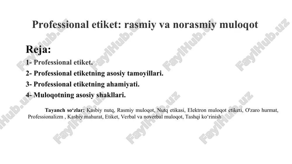 sh. kiyinish madaniyati ish muhitiga mos ravishda kiyinish (ofis uslubi, rasmiy kiyimlar). kompaniya madaniyatiga mos kiyim kodiga rioya qilish. vaqtga rioya qilish uchrashuv va yig‘ilishlarga o‘z vaqtida kelish. vaqtni samarasiz ishlatmaslik va boshqa odamlarning vaqtiga hurmat bilan yondashish. professional axloq qoidalari ish joyida shaxsiy muammolarni minimal darajada muhokama qilish. g‘iybat va nizolardan qochish, hamkasblarga do‘stona muomala qilish. xushmuomalalik va jamoaviy ish jamoada ishlash madaniyatiga amal qilish. yordam berishga tayyor bo‘lish va hamkasblarga hurmat bilan munosabatda bo‘lish. ish muhitida texnologiyalardan to‘g‘ri foydalanish ish jarayonida telefon va ijtimoiy tarmoqlardan ortiqcha foydalanmaslik. elektron pochta va xabar yozish qoidalariga rioya qilish. professional etiketning ahamiyati ish muhitida hurmat va hamkorlikni oshiradi. ish samaradorligini va insonlar o‘rtasidagi muloqotni yaxshilaydi. professional imidjni shakllantiradi va martaba rivojiga ijobiy ta’sir ko‘rsatadi. professional etiket, ya’ni rasmiy va norasmiy muloqotda to‘g‘ri xulq-atvor, odob-axloq va so‘zlashuv uslublari o‘ziga xos bo'ladi. quyida rasmiy va norasmiy muloqotning asosiy farqlari rasmiy muloqot: salomlashish: “xayrli kun!”, …
