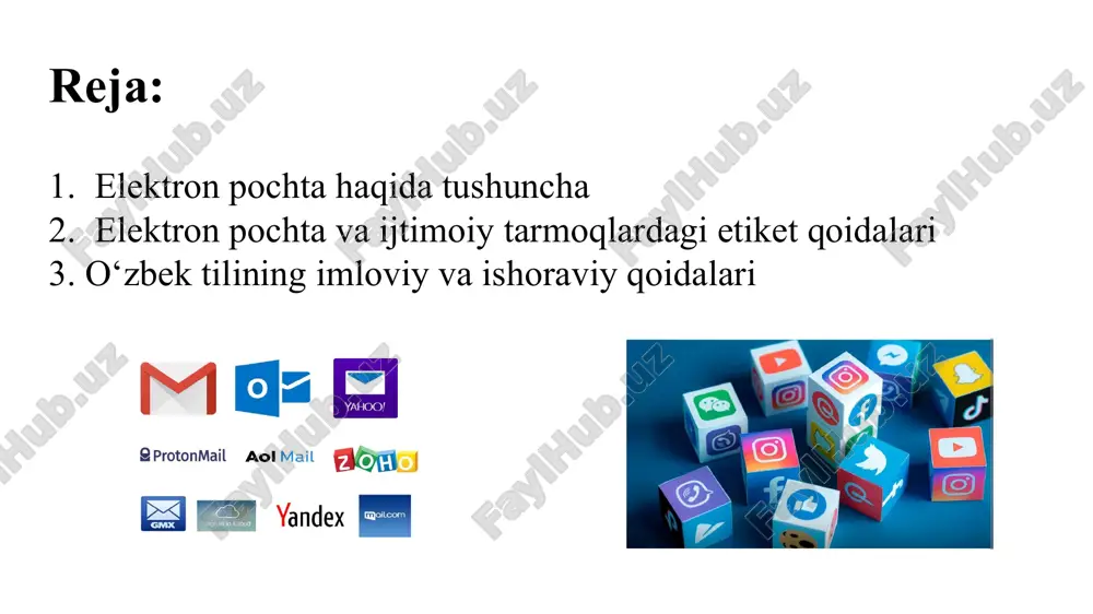 va boshqa ma'lumotlarni almashtirish uchun ishlatiladigan elektron xizmatdir. e-pochta xizmatlari foydalanuvchilarga xat yozish, qabul qilish, fayllarni ulashish va qo'llab-quvvatlash imkoniyatini beradi. odatda, foydalanuvchilar e-pochta xizmatlarini brauzerlarda yoki xususiy dasturlar orqali ishlatishadi. elektron pochta xizmatlari gmail, yahoo mail, outlook, va boshqalar kabi turli xizmatlar orqali taqdim etiladi. elektron pochtani yuboruvchidan qabul qilib olishigacha qadamma-qadam yoʻli (relay serversiz): xat yaratilishi; pochta bilan ishlovchi programma yuboruvchining smtp-serveri bilan bogʻlanishi; smtp-serverga informatsiya kimga mo'ljallanganligi va yuboruchisi kimligini uzatish; smtp-server bilan xatining kim va kimga yuborilayaotganligi toʻgʻri ekanligini tekshirish; yuborilayotgan xatni navbatga qoʻyish; pochta serverlari haqida dns-soʻrov qabul qiluvchining domeni (mx-yozuvi) uchun; yuboruvchining smtp-serveri qabul qiluvhining pochta serverlari bilan ulanishinig urunishlari, agar urunishlar muvaffaqiyatsiz boʻlsa, urunishlar qaytarilsdi; muvaffaqiyat li urunishda xatni uzatish, agarda muvaffaqiyatsiz boʻlsa xatni boshqatdan uzatib koʻrishga navbatga qoʻyish; qabul qiluvchining domeni bilan smtp-server orqali qabul qilishi; xatni spamga oʻhshashligini rekshirish; pop3, imap yoki boshqa protokollar bilan ishlovchi xatrarni saqlovchi modulga uzatish; qabul …