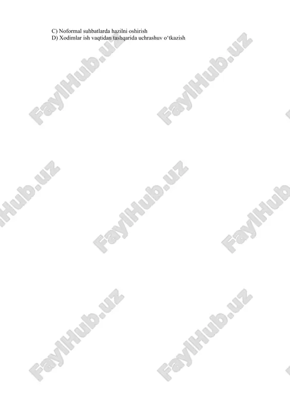 ortikcha jihatlarga e’tibor qaratish 10. kasbiy nutq madaniyati orqali hosil bo‘ladigan imidj xususiyati: … a) shaxsiy hayot haqida ma’lumot oshkor etish *b) professional obro‘-e’tibor va ishonchni mustahkamlash c) noformal suhbatlarda hazilni oshirish d) xodimlar ish vaqtidan tashqarida uchrashuv o‘tkazish