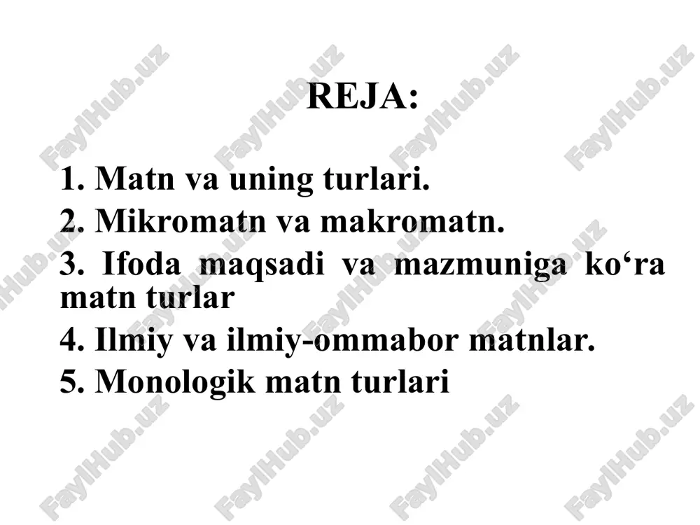 narliligini ta’kidlash uchun turli dalil va izohlar keltiriladi. asoslash, isbotlash, o‘zini oqlashga urinish yoki himoya maqsadida har xil vajlarni keltirish argumentli matn tipining o‘ziga xos jihatlaridan hisoblanadi. fikr bilan keltirilgan dalil o‘rtasida mantiqiy bog‘liqlikning bo‘lishi muhim sanaladi. 4. didaktik matnlar. kimgadir pand-nasihat qilish, uni turli hayotiy voqealar vositasida tarbiyalash yoki aytilganlardan xulosa chiqarishga o‘rgatish istagi asosida tuzilgan matn eksplikativ yoki didaktik matn deyiladi. maqsadga erishish uchun maqol, matal, aforizm, turli hayotiy voqealar, rivoyatlar, masallardan namuna sifatida foydalaniladi. ularning matn ichiga singdirilish tarzi turlicha bo‘ladi. muallif bunday didaktik birliklarni matnga to‘g‘ridan to‘g‘ri olib kiradi va uning qaysi janrga taalluqli ekanligini aytib o‘tadi. 5. xabar mazmunli matnlar. biror voqea-hodisa haqida xabar berish maqsadida tuzilgan yoki havola qilingan matn informativ matn hisoblanadi. badiiy matnda informativlik o‘ziga xos tarzda bo‘ladi. oddiy xabardan farq qiladi. estetik maqsad yuklangan bo‘ladi. narrativ, deskriptiv, argumentli, didaktik kabi matn tiplari tarkibida keladi. 6. buyruq mazmunli matnlar. buyruq hamda maslahat …
