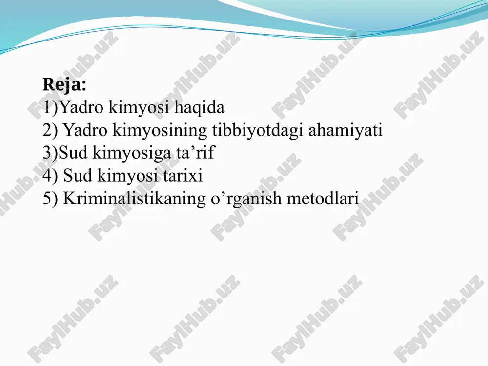 hxisida keng qo`llaniladi. sud kimyosi - ta’rifi jinoyat protsessida ilmiy tartiblardan foydalanish sud kimyosi deb ataladi. ushbu sohadagi mutaxassislar noma'lum moddalarni aniqlashga yordam beradigan ko'plab usullar va asboblarga ega. bularga yuqori samarali suyuqlik xromatografiyasidan, gaz xromatografiyasi-mass-spektrometriyadan, atomik yutilish spektroskopiyasidan, infraqizil spektroskopiyadan va yupqa qatlamli xromatografiyadan foydalanish kiradi . sud kimyosining afzalliklari va kamchiliklari sud kimyosining afzalliklari: kimyogarlar benzin yoki kerosinni aniqlay oladilar . bu yong'in ataylab o'rnatilganmi yoki yo'qligini aniqlashga yordam beradi . shuningdek, u uzoq shubhali ro'yxatni qisqartiradi va tergovni osonlashtiradi. xromatografiya - bu aralashmaning tarkibiy qismlarini ajratish usuli. harakatlanuvchi faza , ya'ni material, avval aralashmani eritish uchun ishlatiladi. statsionar faza mobil faza o'tadigan keyingi moddadir. natijada, aralash ikki yoki undan ortiq komponentlarga bo'linadi. ushbu usul noma'lum birikmalarni ularning tarkibiy qismlariga ajratish uchun ishlatiladi, shuning uchun ularni mustaqil ravishda tekshirish mumkin. adabiyotlar: https://arxiv.uz/uz/ https://uz.m.wikipedia.org/wiki/kriminalistika https://e-library.namdu.uz/67%20%d0%a5%d1%83%d0%ba%d1%83%d0%ba%d1%88%d1%83%d0%bd%d0%be%d1%81%d0%bb%d0%b8%d0%ba%20%d1%84%d0%b0%d0%bd%d0%bb%d0%b0%d1%80/kriminalistika.%20darslik%202018..pdf https://library.samdukf.uz/files/ddce4274292bdbaca6934992fc89d0b6_analitik%20kimyo.pdf image2.png image3.jpeg image4.jpeg