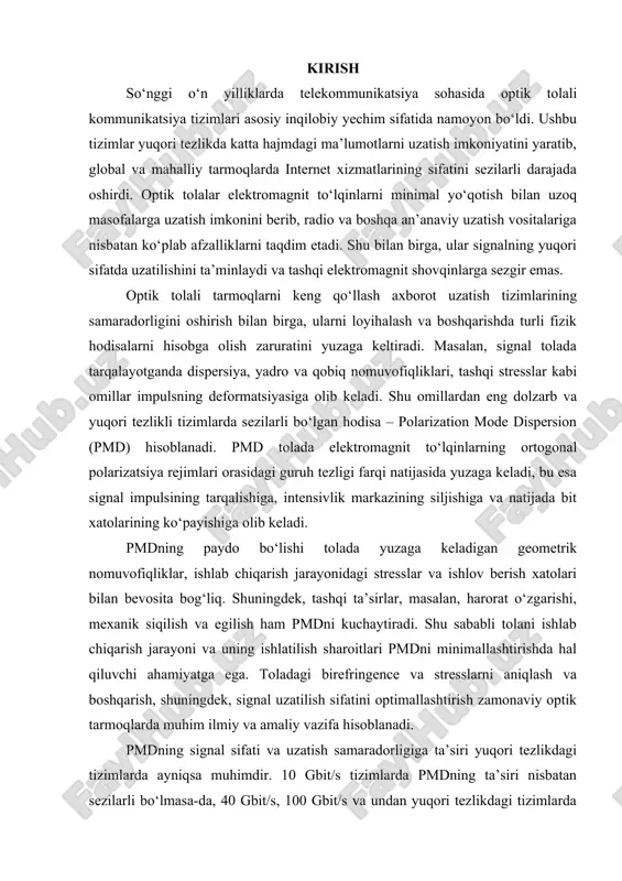 ham pmdni kuchaytiradi. shu sababli tolani ishlab chiqarish jarayoni va uning ishlatilish sharoitlari pmdni minimallashtirishda hal qiluvchi ahamiyatga ega. toladagi birefringence va stresslarni aniqlash va boshqarish, shuningdek, signal uzatilish sifatini optimallashtirish zamonaviy optik tarmoqlarda muhim ilmiy va amaliy vazifa hisoblanadi. pmdning signal sifati va uzatish samaradorligiga ta’siri yuqori tezlikdagi tizimlarda ayniqsa muhimdir. 10 gbit/s tizimlarda pmdning ta’siri nisbatan sezilarli bo‘lmasa-da, 40 gbit/s, 100 gbit/s va undan yuqori tezlikdagi tizimlarda impuls deformatsiyasi va bit xatolari ortadi. bu esa tarmoqning ishlash masofasini cheklaydi va signalning izchilligini buzadi. shu sababli, yuqori tezlikdagi optik tarmoqlarda pmdni monitoring qilish, uni tahlil qilish va kompensatsiya qilish texnologiyalari muhim ahamiyat kasb etadi. pmdni o‘rganish va boshqarish masalasi nafaqat texnik, balki iqtisodiy jihatdan ham muhimdir. signal sifati va uzatish masofasining pasayishi tarmoq operatorlari uchun qo‘shimcha xarajatlarni keltirib chiqaradi. shu sababli, tolalarni ishlab chiqarish jarayonida yuqori sifatni ta’minlash, tarmoq arxitekturasini optimallashtirish va adaptiv kompensatsiya tizimlarini joriy etish orqali pmdning …